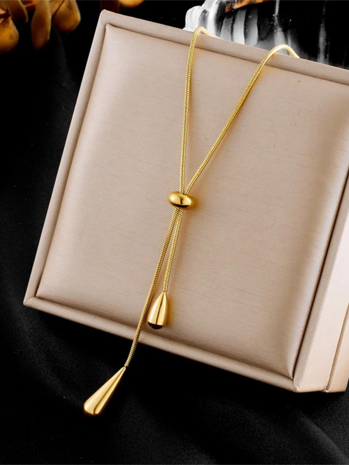 2Pcs 316L Stainless Steel Adjustable Water Droplet Tassels Necklace Earrings Women New Golden Fashion Jewelry Set Party Gifts