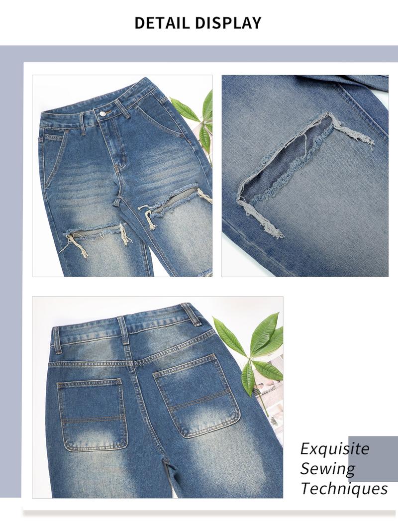 Women's Ripped Denim Jeans, Y2K Casual Fashion Pants for Daily Wear, Ladies Bottoms for All Seasons, Denim Trouser