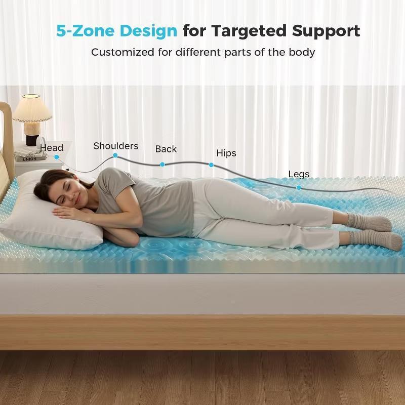 Cooling Gel Memory Foam Mattress Topper, Pressure Relieving 7-Zone Convoluted Design for Back Pain Relief, Breathable Ventilated Foam with Gradient Blue Color, Soft Supportive Mattress Pad for Better Sleep