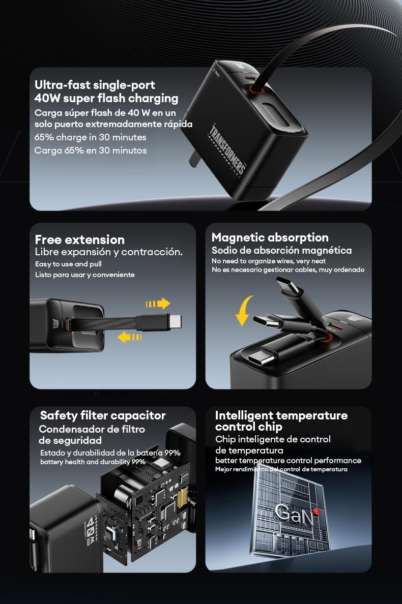 Transformers TF-S01 Retractable Charger Cable Charging Integrated  Freely Retractable Cable, 140W Ultra-fast Charging, Independent Temperature Control Chip, Perfectly Compatible with Multiple Devices