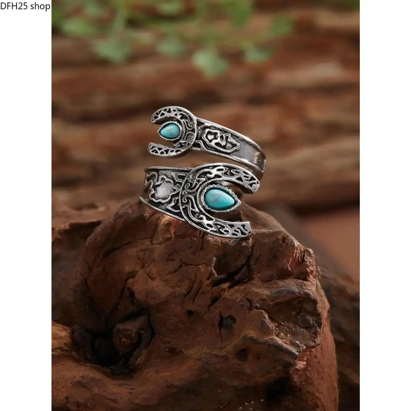 Bohemian Turquoise Ring for Women, Silver Tone Adjustable Open Band with Vintage Floral Detail for Daily Wear, Festivals and Casual Styling