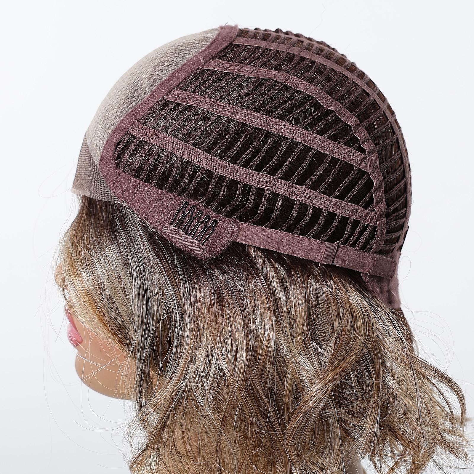 Topshe Hand Tied Mono Base Short Bob Wig, Dark Root Ash Brown Highlight Flip Out Loose Wave Bob, Breathable Mono Top Realistic Scalp, Glueless Wear & Go No Bleach, Tangle Free Heat Resistant Synthetic Hair, Synthetic Material Wigs