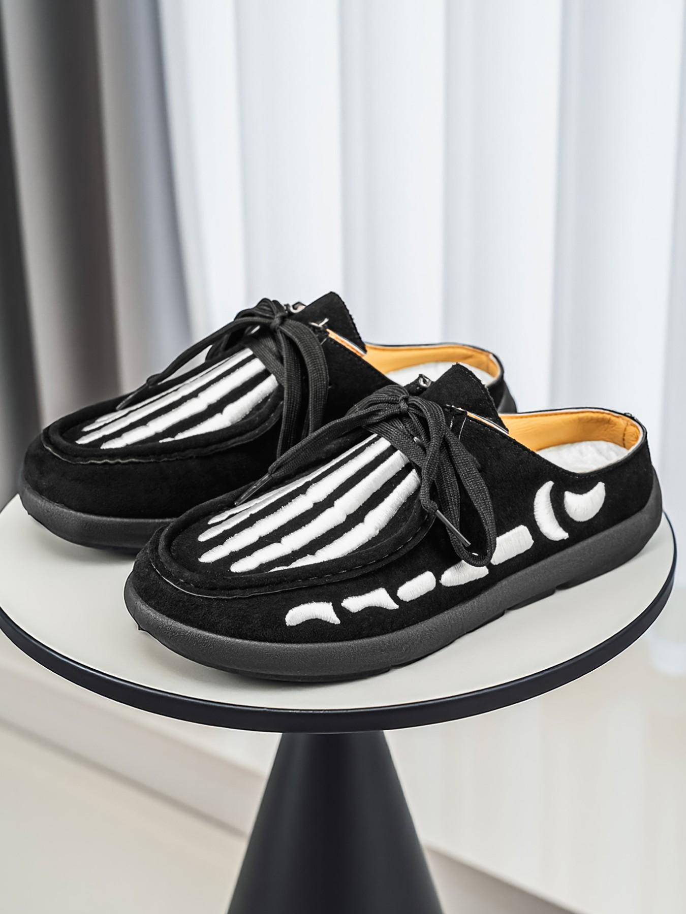 Men's Skull Print Slip-On Mules, Gothic Casual Half Sandals, All Season Lightweight Shoes, Sizes 39-46, Dark Academia Style