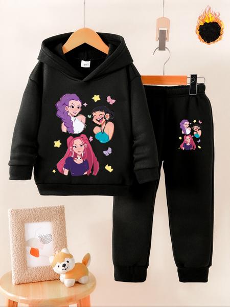 Girls' Fall Winter Fleece Set, Kpop Demon Hunters Cartoon Print Hoodie & Sweatpants, Cute Warm Casual Kids Clothing, Clothes Kids