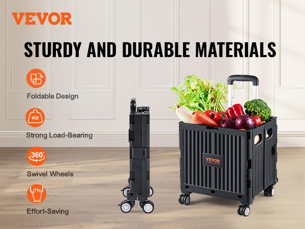 VEVOR Foldable Utility Cart, 110 lbs Load Capacity, Folding Portable Rolling Crate Handcart with Heavy Duty Telescoping Handle and 4 Rotate Wheels for Travel Shopping Moving Luggage Office Use, Black