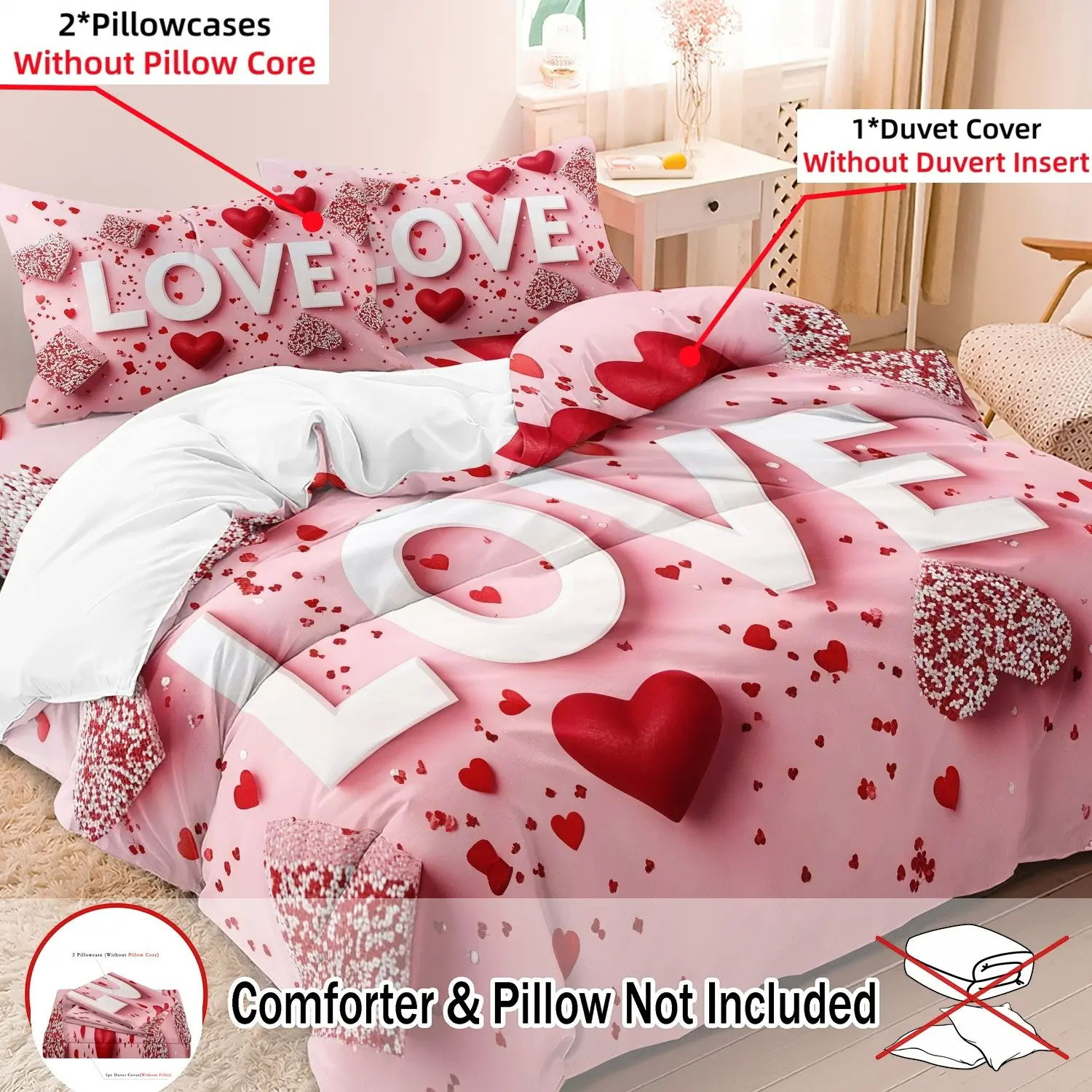 3pcs Romantic Pink Love Heart Print (1 Duvet Cover + 2 Pillowcases, Without Core) - "Love" Design With Red Hearts,Machine Washable, Ideal For Bedroom Decor, Romantic Theme, Decorative Bedding Set|Zippered Closure