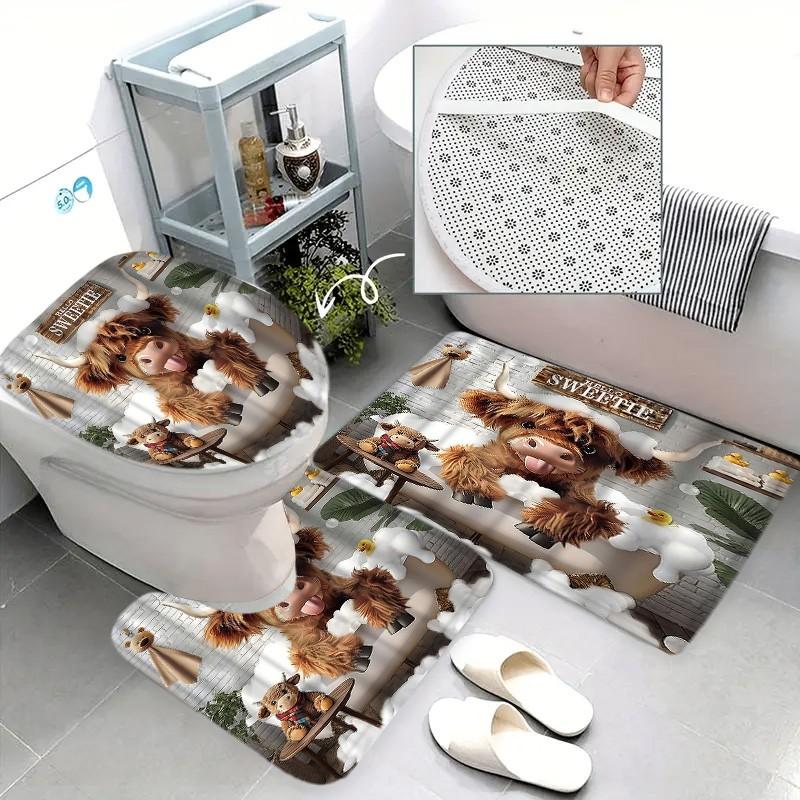 Cute Highland Cow Bubble Bath Bathroom Set, 4-Piece Shower Curtain Set, Home Bathroom Decor, Includes Mat, Toilet Cover, U-Shaped Pad