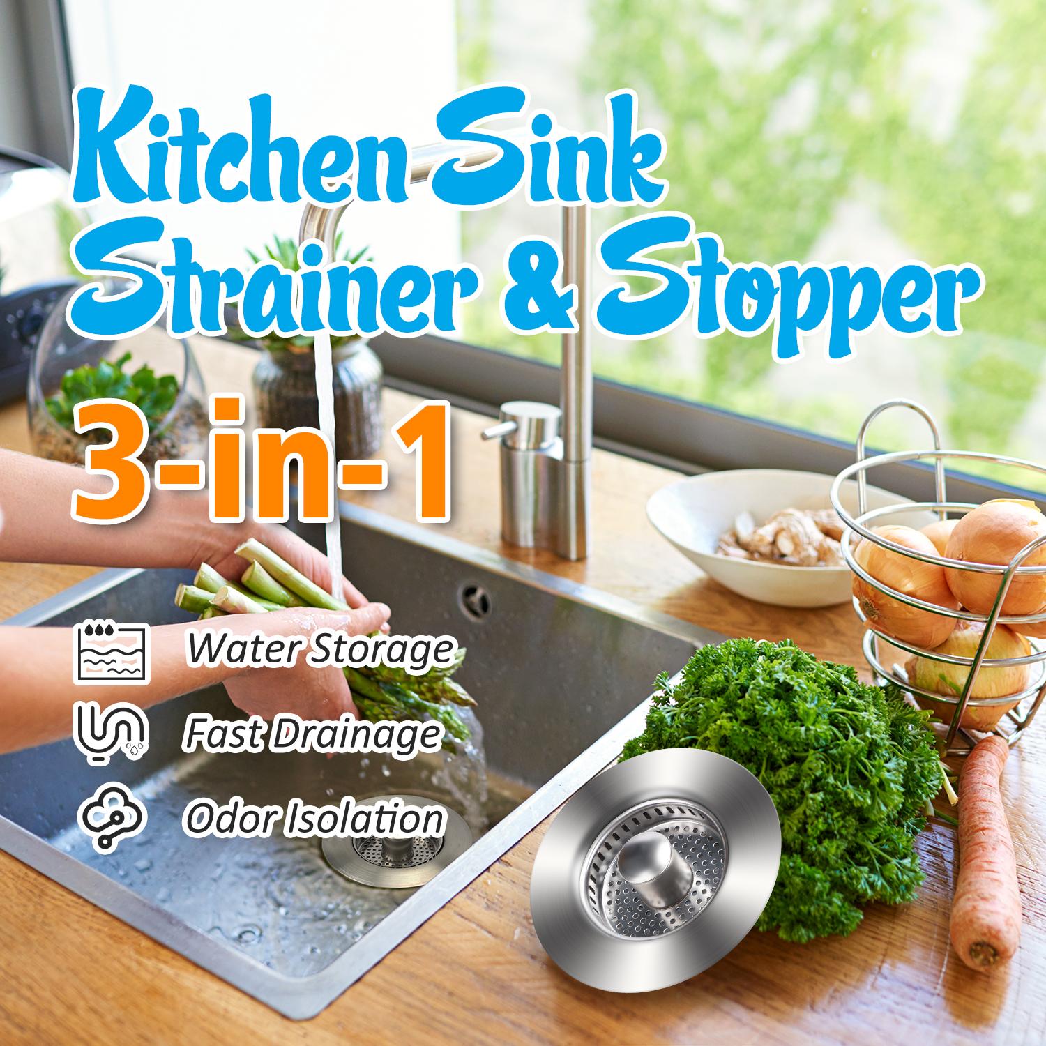 3 in 1 Kitchen Sink Drain Strainer, 304 Stainless Steel Sink Plug with Anti-Clog Basket, Pop Up Sink Stopper for US Standard 3-1/2 Inch Drain