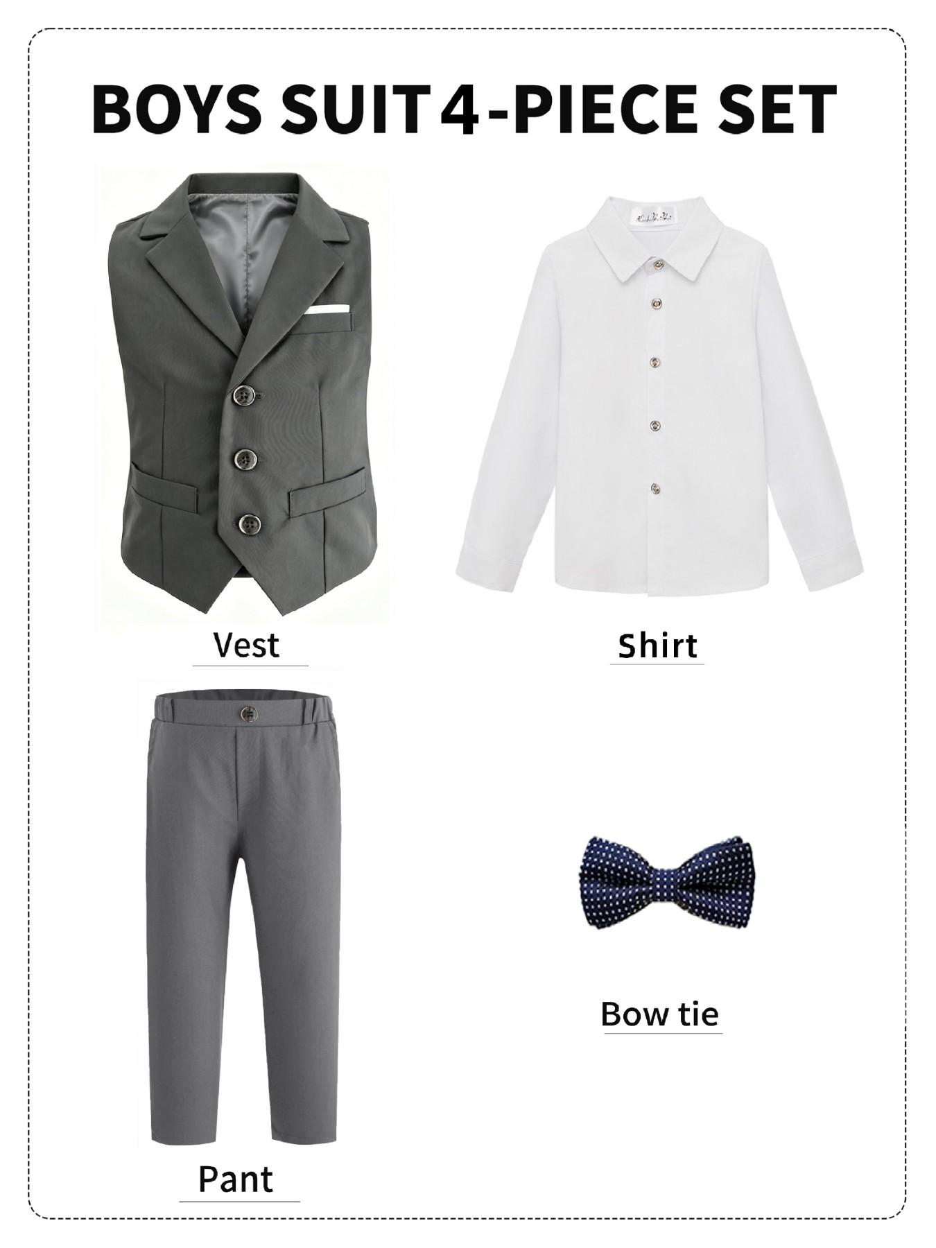 Boys' Elegant 4-Piece Formal Suit (Shirt + Lapel Vest + Elastic Waist Trousers + Striped Tie) 5 Colors Available, Sizes 100-150cm, Slim Fit for Weddings, Parties & Performances