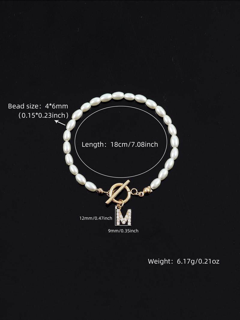 2024 Summer Women's Letter Initial Detail Faux Pearl Decor Bracelet Back To School, Stainless Steel Ot Buckle Matching Jewelry, Chain Clean Girl Accessories, Fall Outfits, Fall Freshness Fall, Letter Link Bracelet