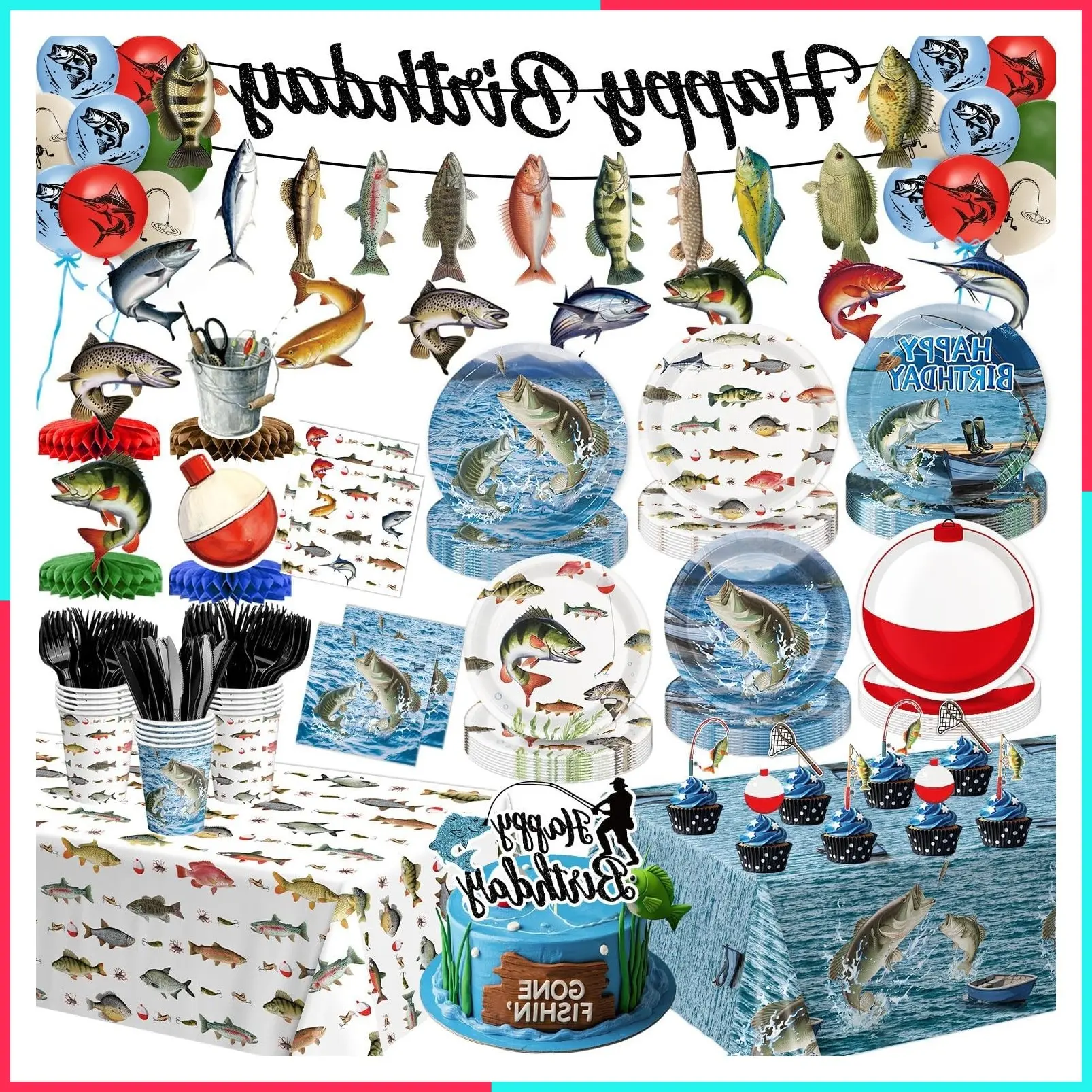 Fishing Birthday Party Decorations Set - Plates, Napkins, Cups, Cutlery, Honeycomb Centerpieces, Banner, Hanging Swirls, Tablecloths, Toppers, Balloons for Ofishally One Birthday, Serves 24