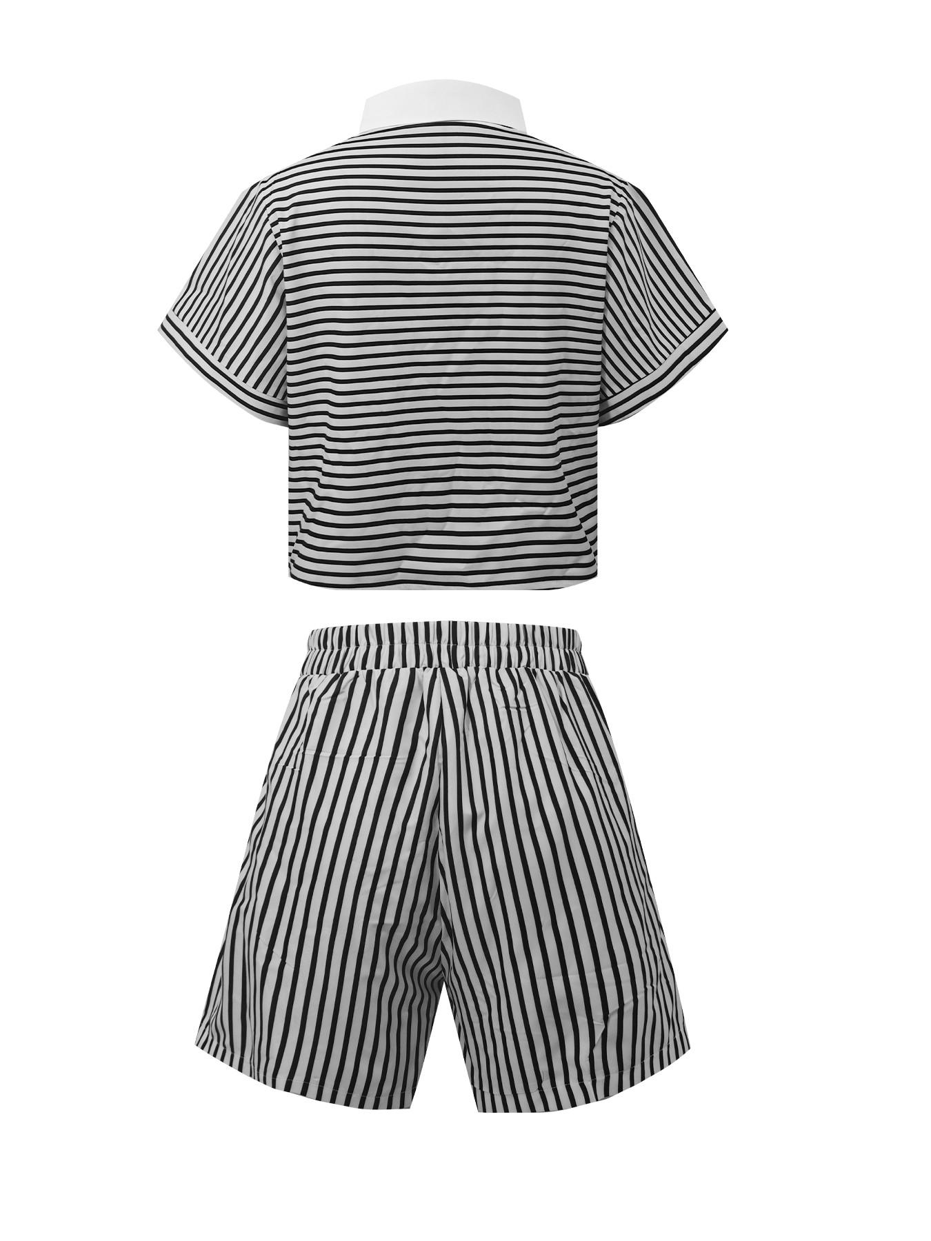 2-Piece Set Collared Button-Front Fitted Striped Vest + Elastic Waist Adjustable Short Pants, Casual Home, Loose Fit, Sleeveless, Clothes Matching Set Summer
