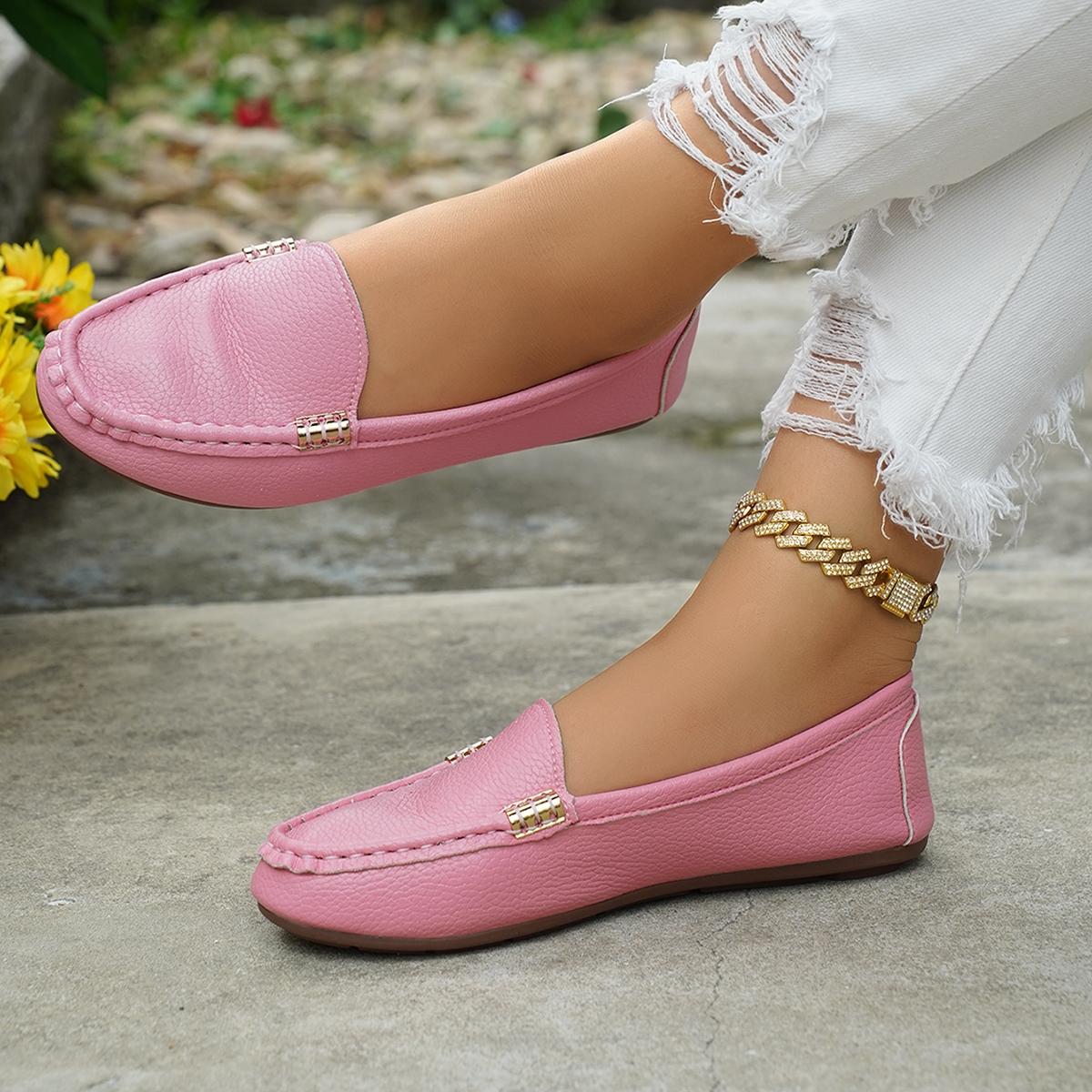 Women's Classic Plain Low Heel Shoes, Fashionable and Sexy, High-End Slant Metal Chain Decoration, Comfortable Casual Loafers, Slip On Shoes