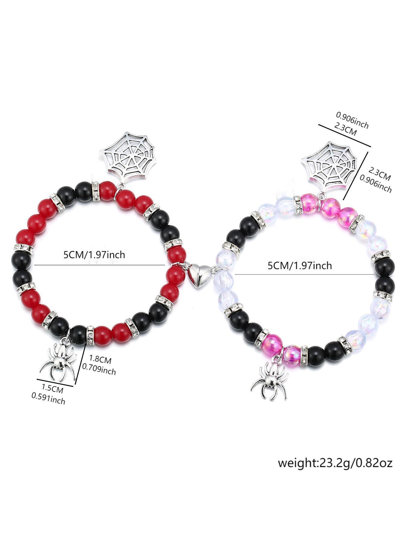 Fashion Spider & Net Design Charm Beaded Bracelet, Casual Simple Half Magnetic Heart Charm Jewelry for Party, Daily Clothing Decor Adjustable Beaded Design