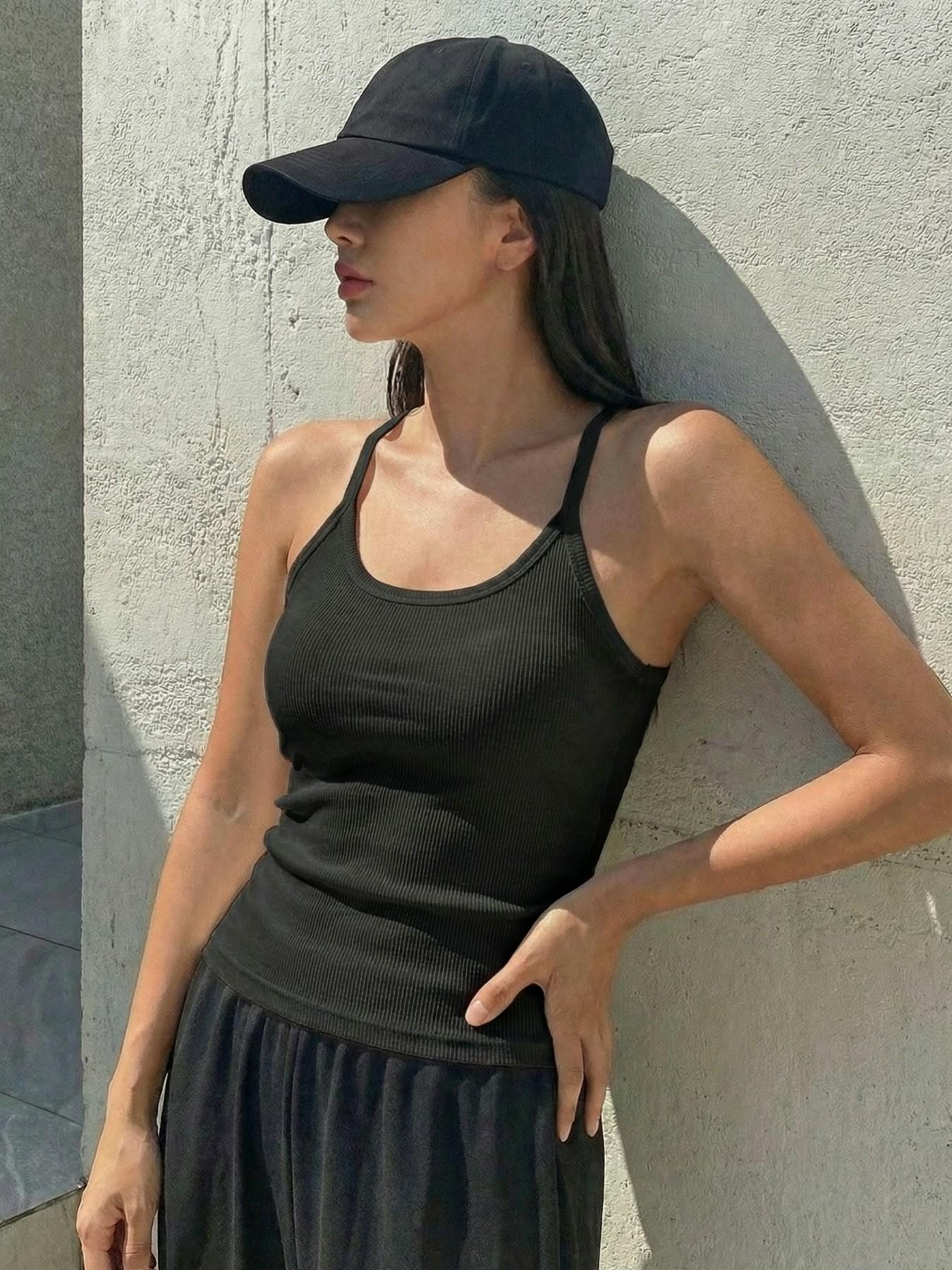 Scoop Neck Ribbed Tank Top for Women - Stretch Spaghetti Strap Camisole, Form Fitting & Non-See-Through, Casual Essential