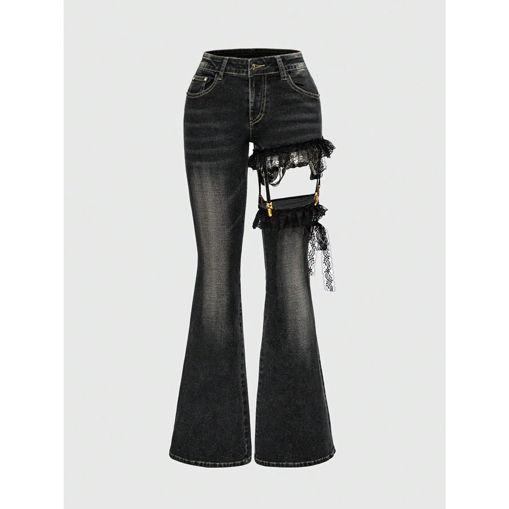 Y2K Harajuku Gyaru Y2K Lace Patchwork Low Waisted Cross Design Vintage Skinny Super Low Waist Women Jeans