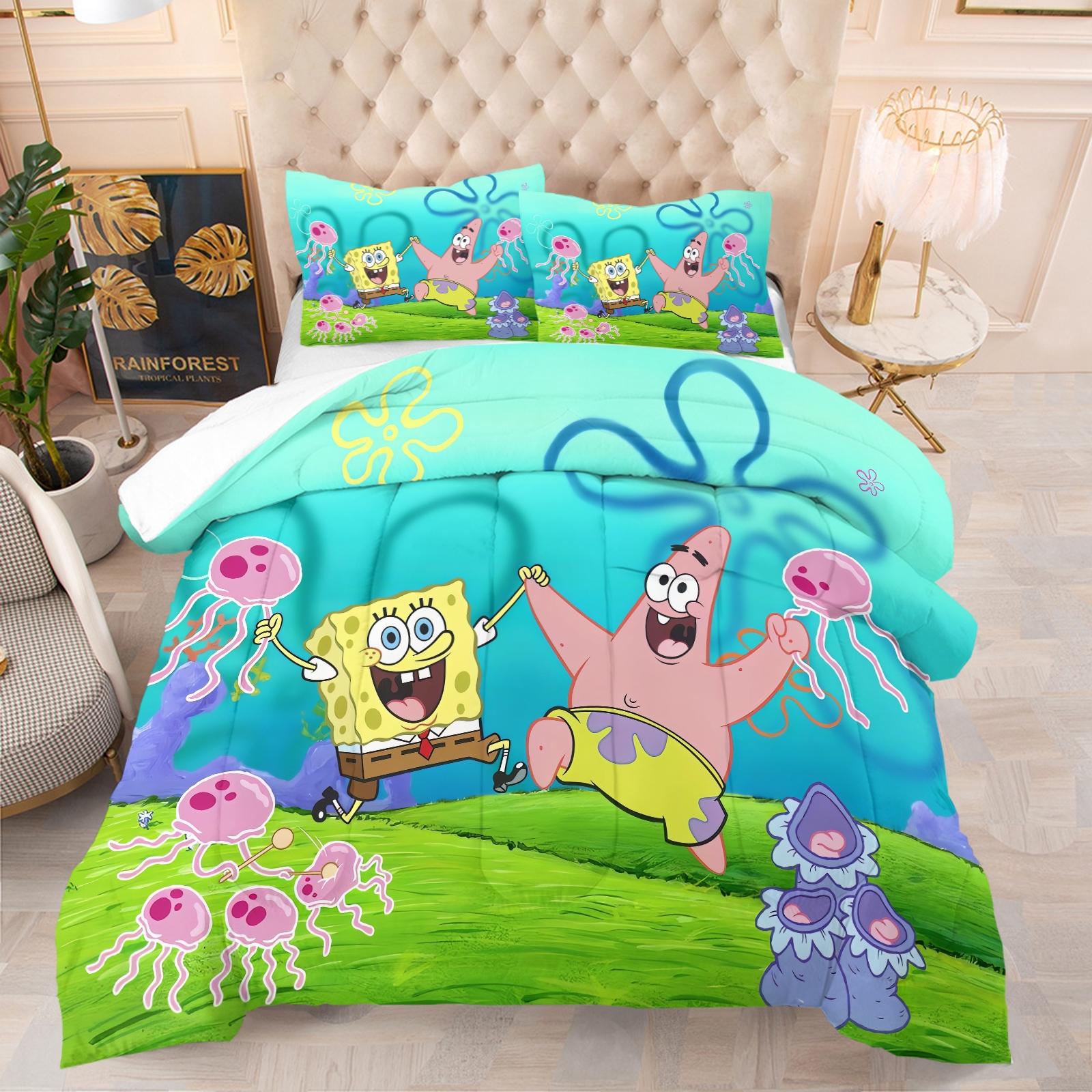 Spongebob Pattern Comforter Set, Soft And Durable Bedding Set, Includes 1 Comforter And 1 Or 2 Pillowcases, Daily Holiday Birthday Gift Bedroom Decor For Kids And Adults