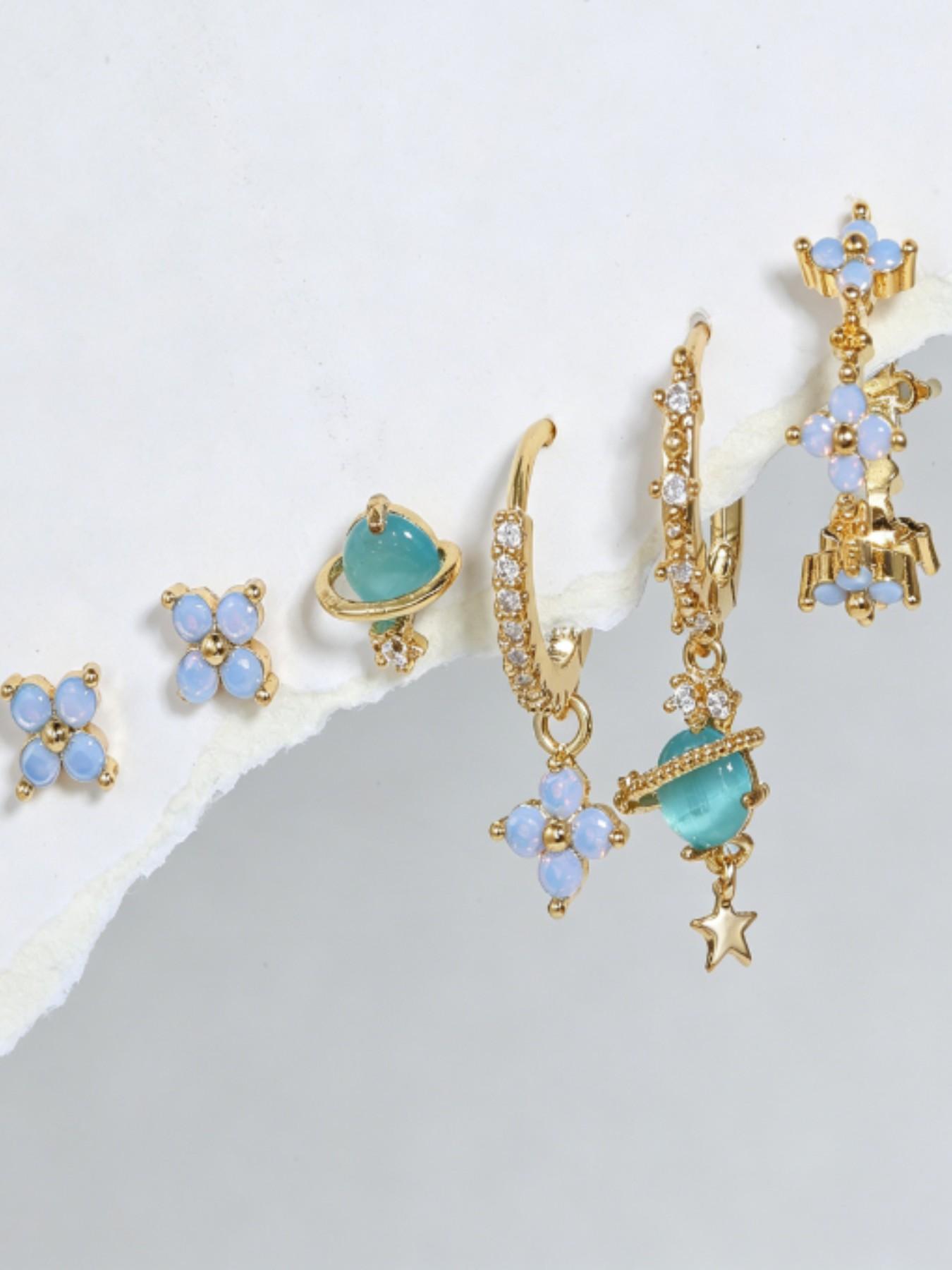6-Piece Copper Earring Set, Zircon Blue Imitation Opal Star Dangle Earrings, Stackable Flower Studs, Elegant Jewelry for Women