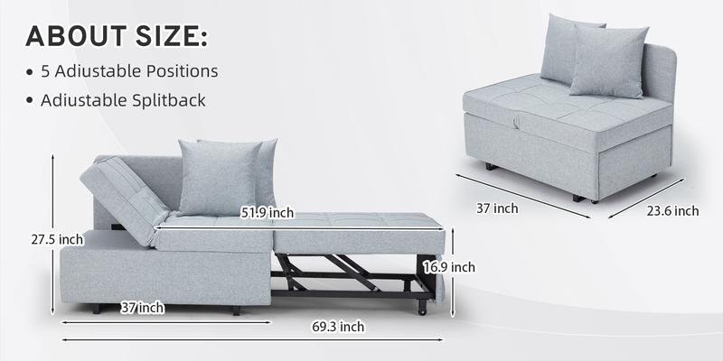 EROMMY Sleeper folding Lounge Chair Bed 3-in-1 Convertible Futon, Modern Design Multi-Functional Adjustable Reading Sofa Couch Bed with Linen Fabric, Interior ,Living Room Ergonomic Storage Furniture Minimal Recliner