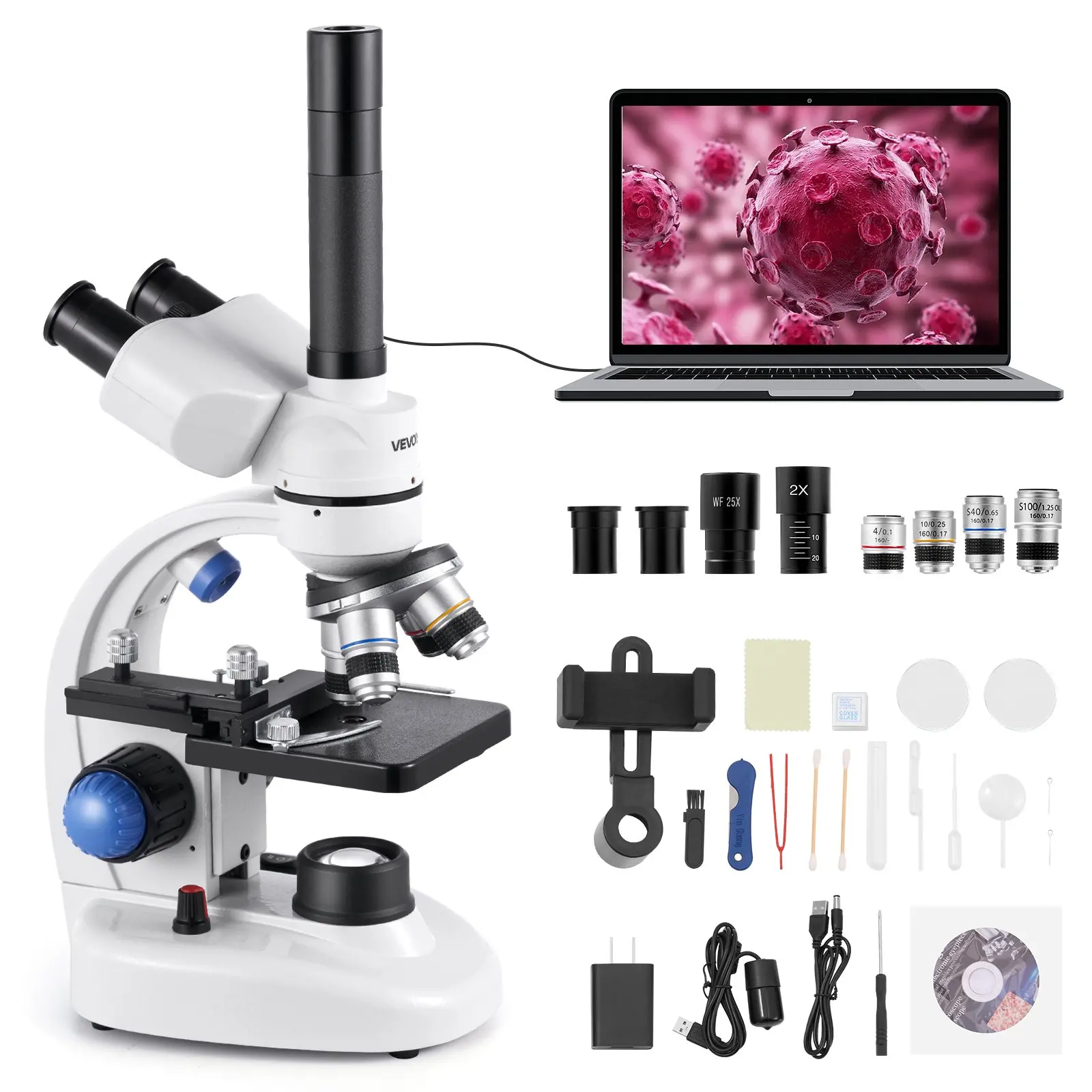 Trinocular Microscope, 40-5000X Magnification, Professional Compound Microscope for Adult with Phone Adapter, LED Light, Aluminum Alloy Body, for Lab, School, Home, Education