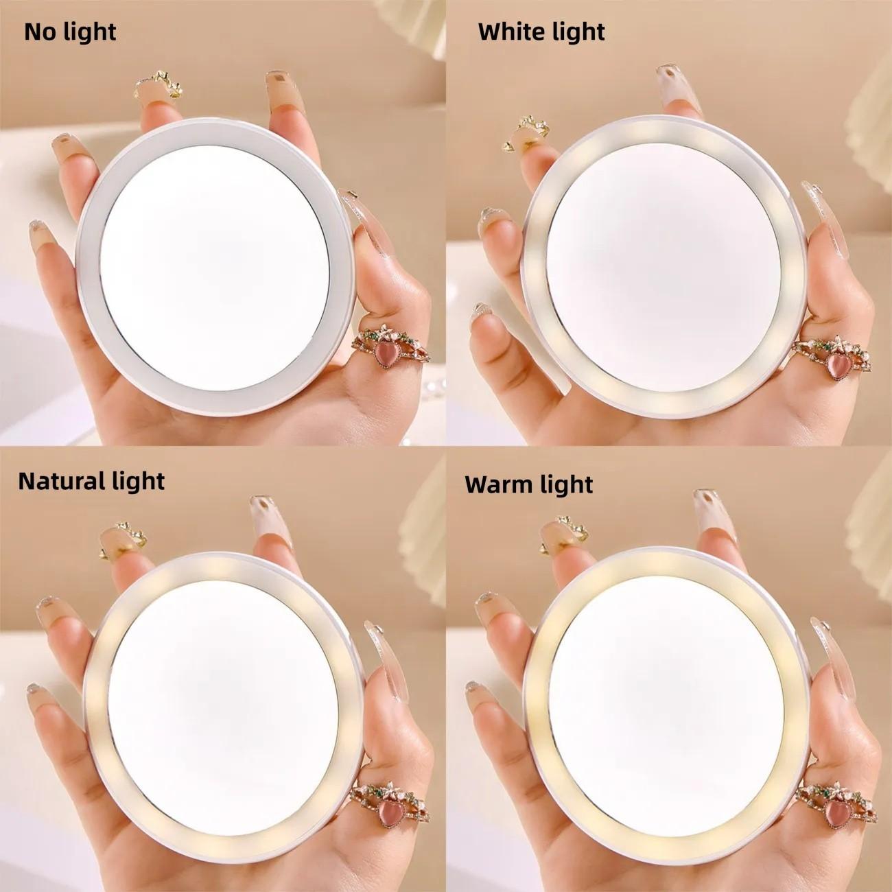 ✨A portable and compact illuminated vanity mirror for travel, USB rechargeable with three-color dimmable lighting, a pocket-sized touch-up mirror, an essential tool for daily makeup.