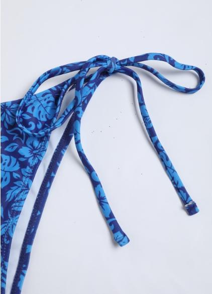 Women's Blue Textured Triangle Bikini Set, Halter Neck Tie Design, Sleeveless Thong Bottoms, Perfect for Beach Vacation & Pool, Floral Bikini Bottom