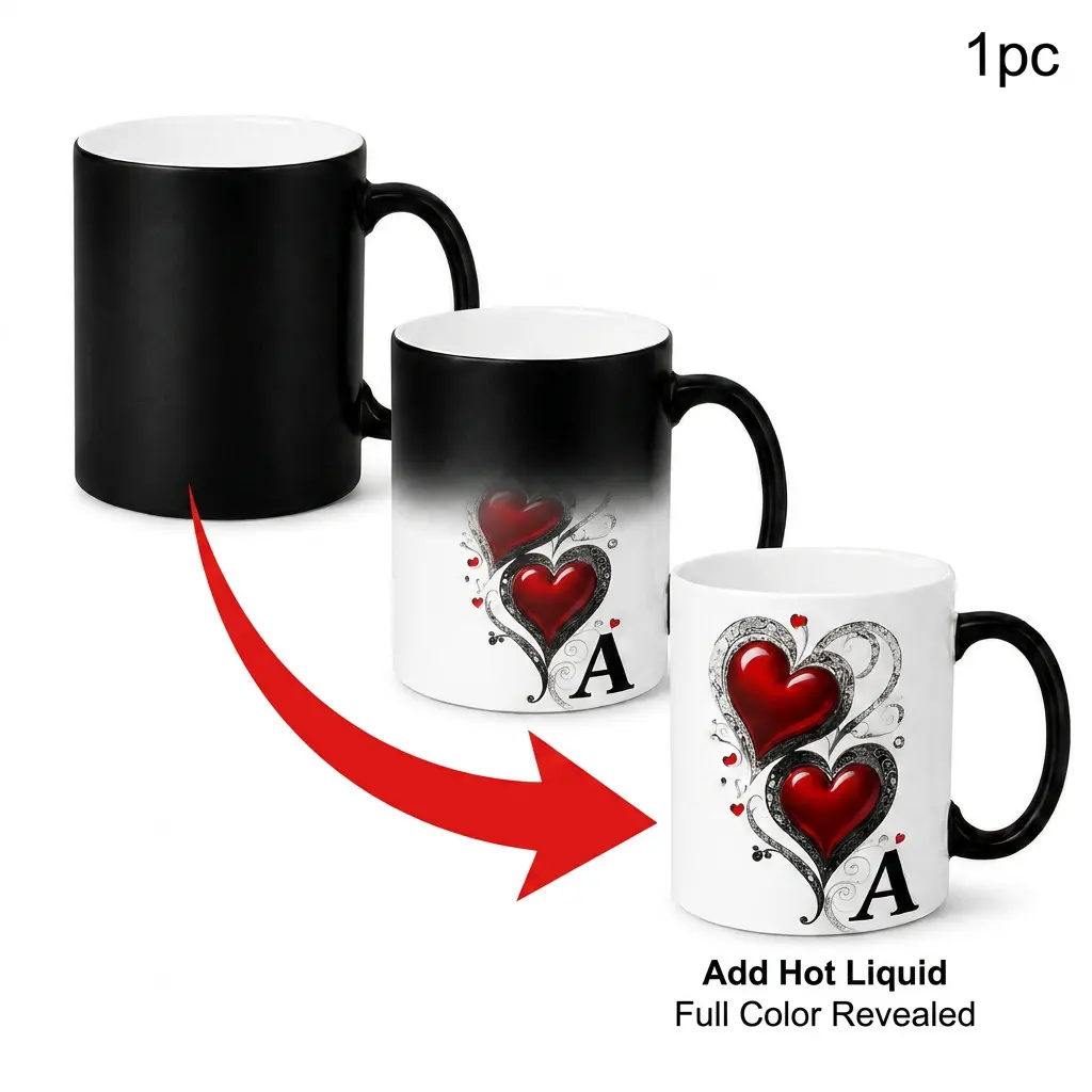 11oz Daily Initial Printed Color-Changing Ceramic Round Mug - Heart Print Heat-Reveal Drink Cup for Kitchen Use
