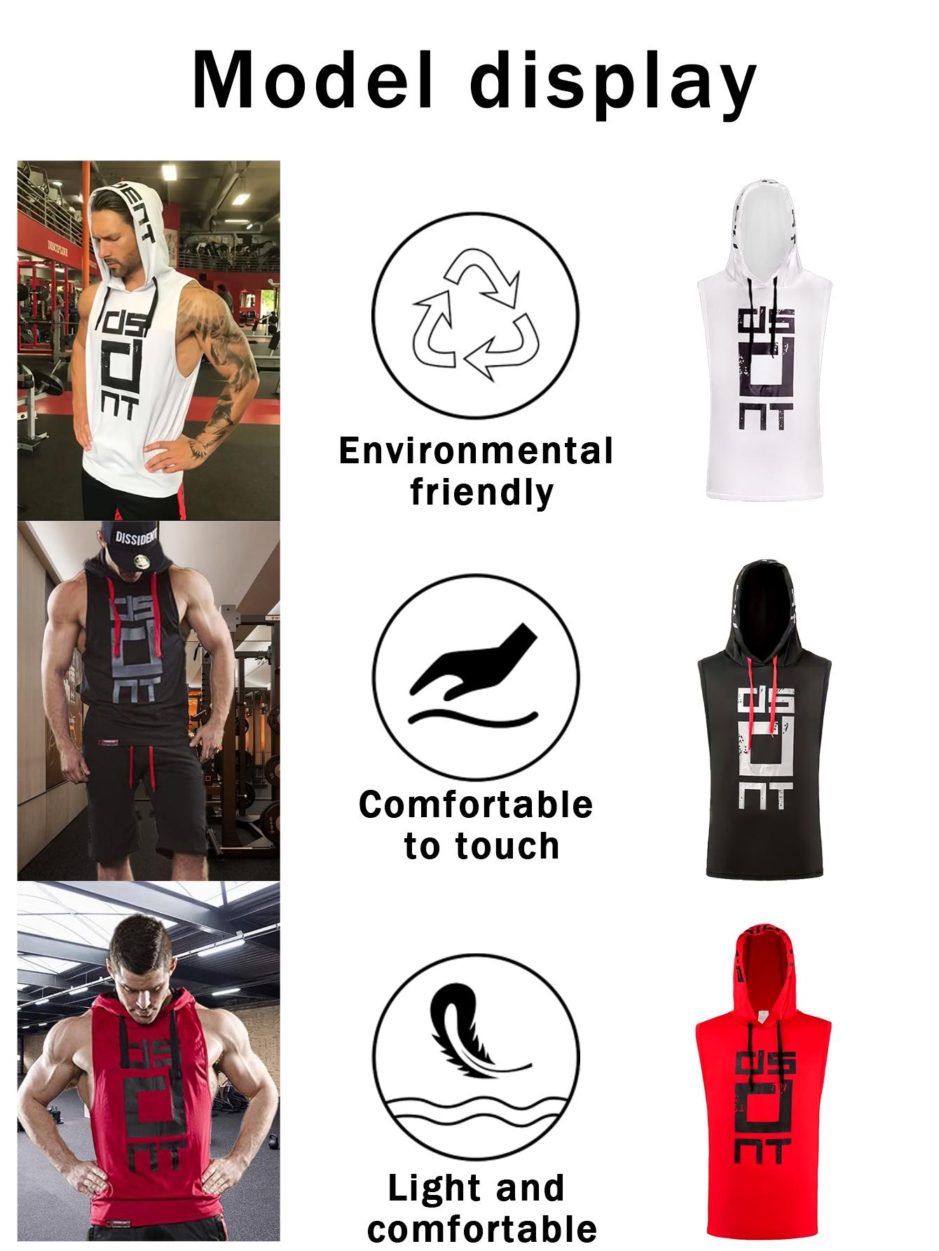 Men's High Stretch Quick Dry Hooded Gym Tank Top - Breathable Sleeveless Gym Shirt with Bold Monogram Print, Moisture Wicking Basketball Running Casual Wear, Machine Washable, Casual Athletic Wear |Outdoor fun，Gym Accessories Workout ClothesFathersdaygift