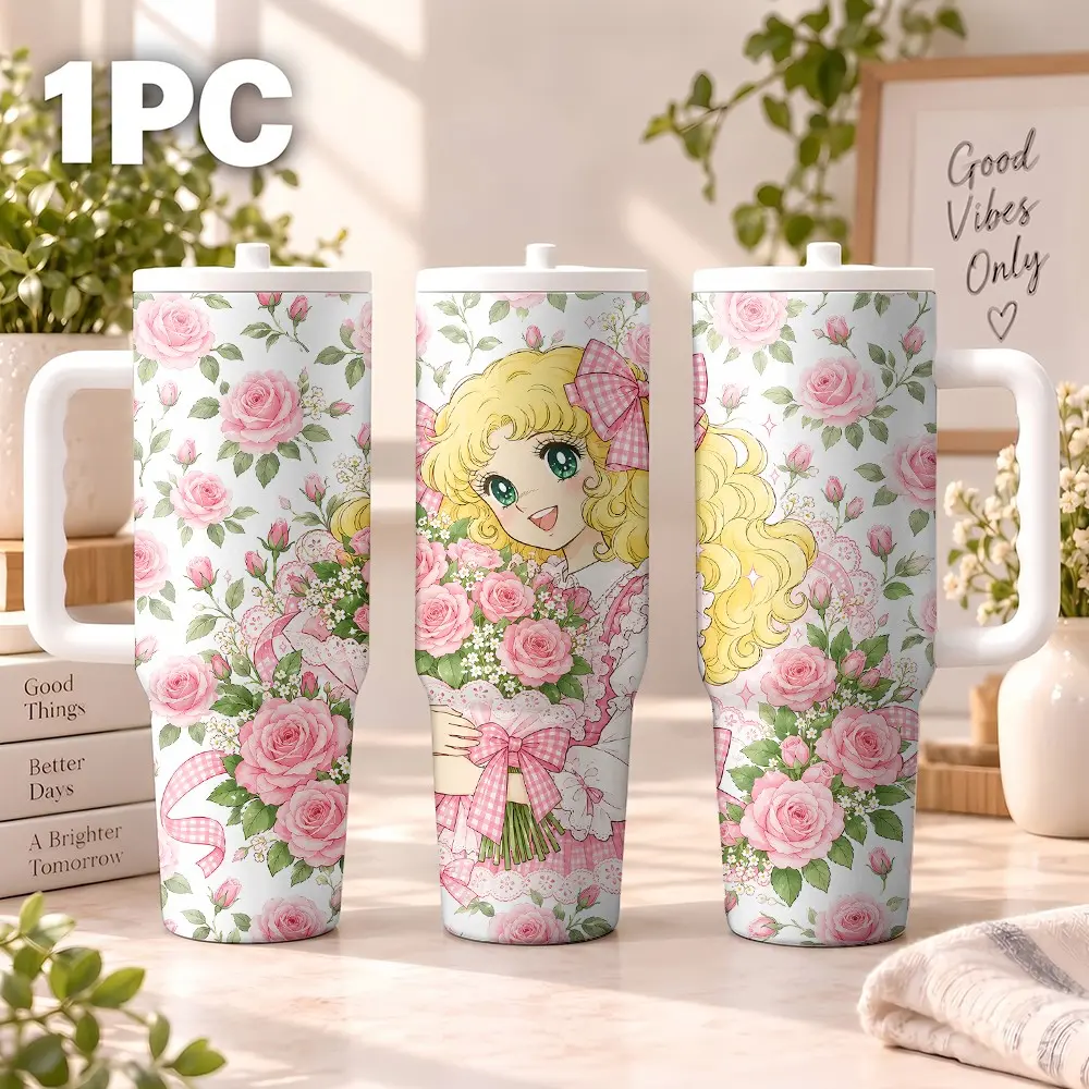 40oz Insulated Tumbler with Candy Candy Anime Artwork, Blonde Girl, Roses, Gingham Bows, Lace Details, Handle and Straw Included, Drink Tumbler