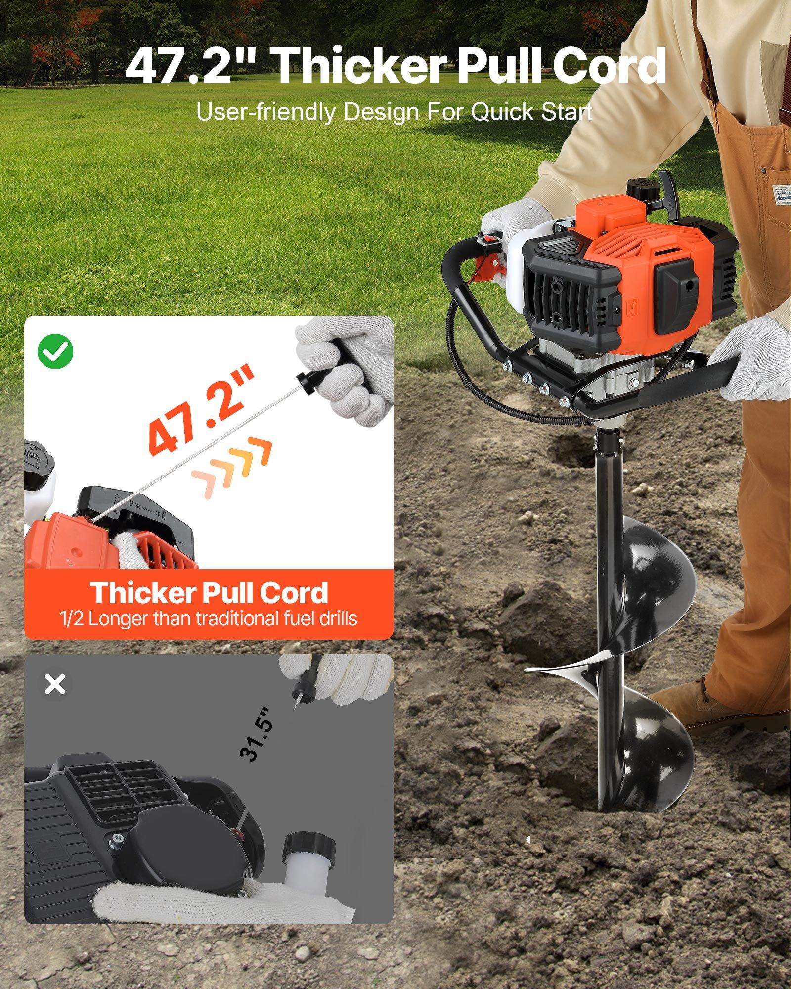 【Summerfinds】VEVOR 52cc Engine Gas Powered Alloy Steel Digger, Quick Shut-Off 1450W Heavy-Duty Post Digging Earth Auger with 6" & 10" Bits, 3 Extension Rods, Abundant Accessories, EPA Listed for Fence Posts, Planting