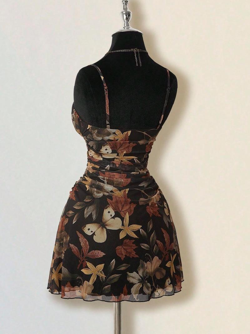 1 Piece Autumn Leaf Waist-Cinched Dress | Euro-American Casual Vibe | Spaghetti Strap Design + Breathable Fabric | Comfortable Pick for Autumn Day Trips / Casual Social Gatherings / Valentine's Day