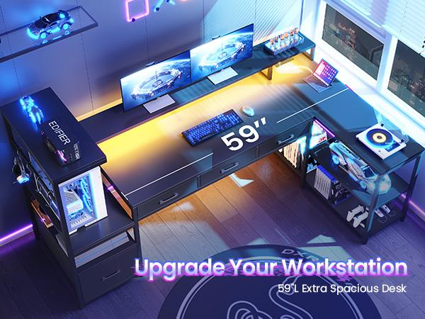 SEDETA 59Inch L Shaped Gaming Desk with PC Display Stand, Reversible Computer Desk with Storage Shelves, 4 Drawer & LED Lights, Modern Gamer Desk Table with Power Outlet, Monitor Stand