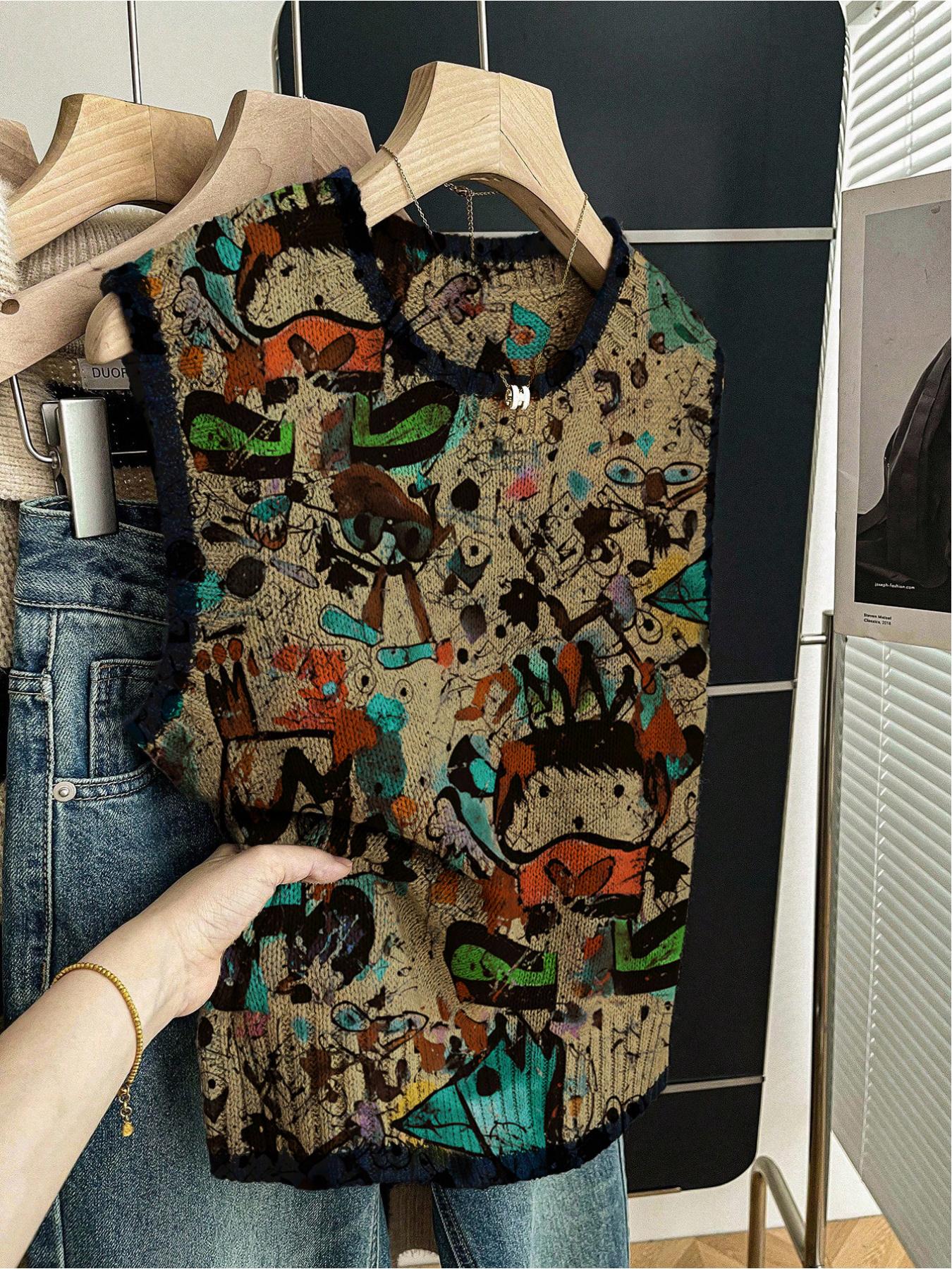 1 Piece Women's Loose Crew Neck Sleeveless Knit Top, Spring Summer Back to School & Casual Style, Dark Blue Trim, Contrast Cartoon Print, For Daily & Outdoor Wear, Vest-matching, Sleeveless Graphic Vest