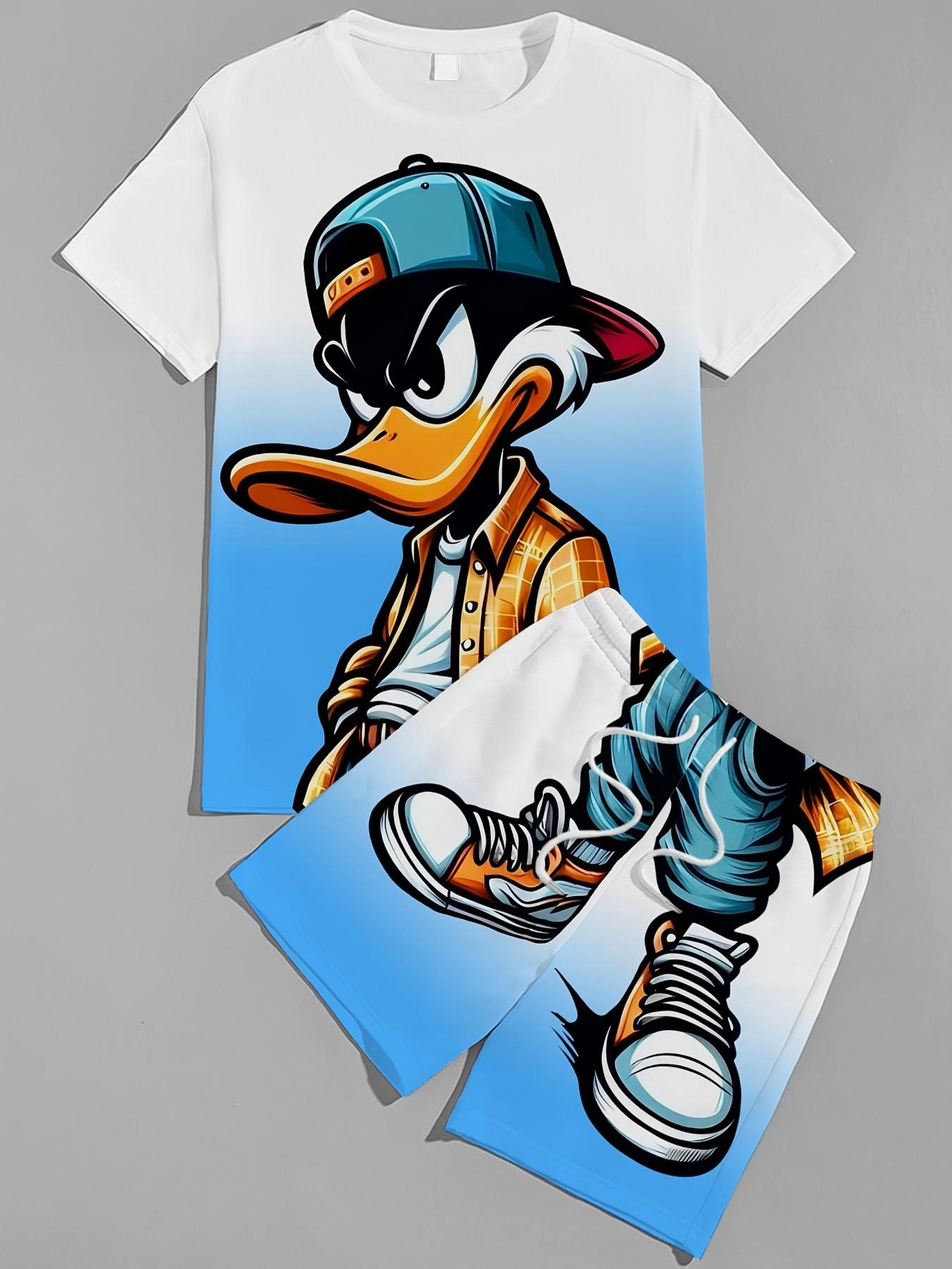 Men's Summer Gradient Patchwork Set, Cartoon Pattern Short Sleeve T-Shirt and Shorts, Breathable and Quick-Dry, Ideal for Outdoor Activities