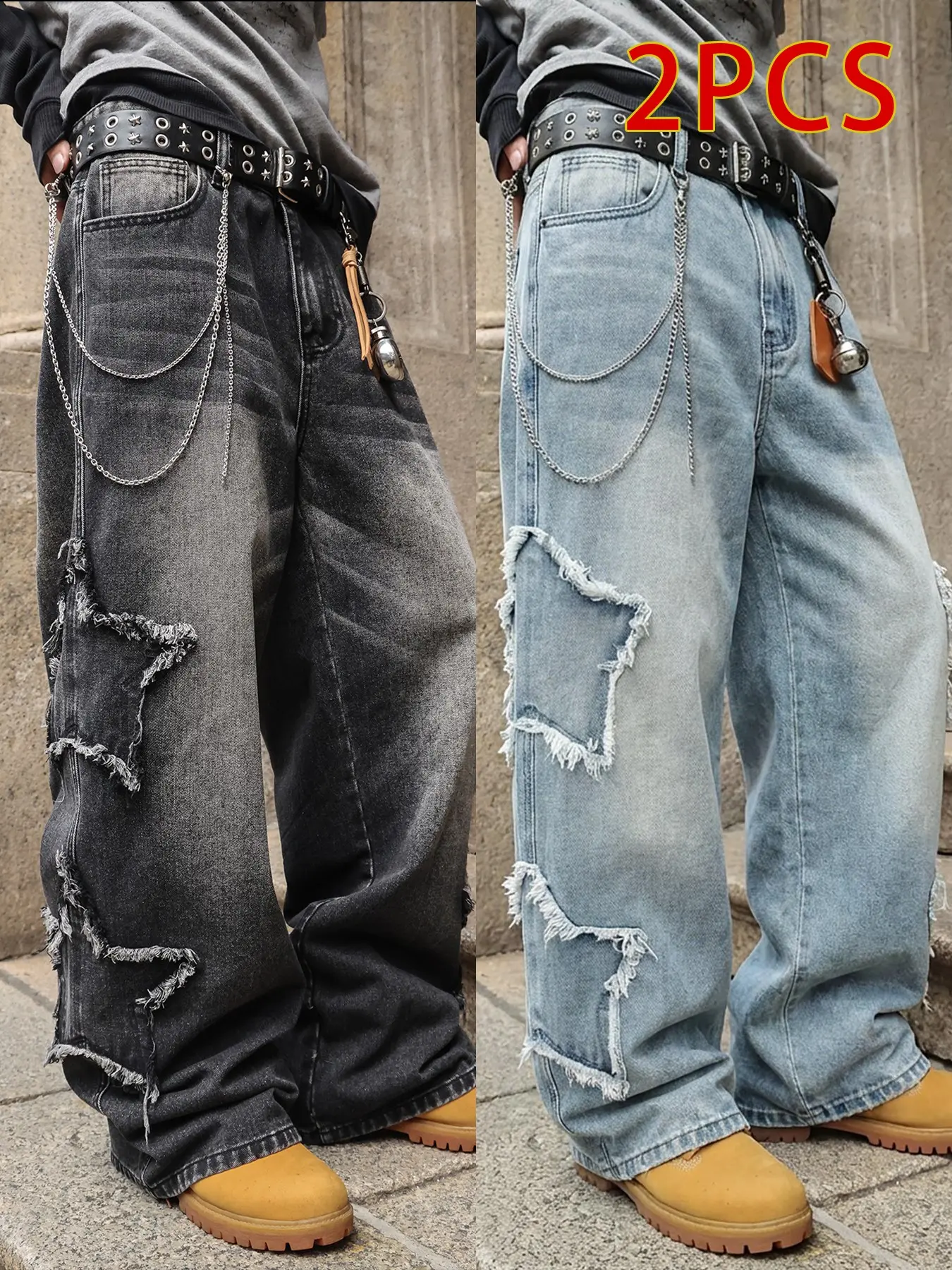 【Black Friday】Autumn & Winter Men's Loose Straight Leg Casual Jeans, American Trend Y2K Street Pants, Star Patch Denim Pants, Ideal Gifts for Husbands & Boyfriends
