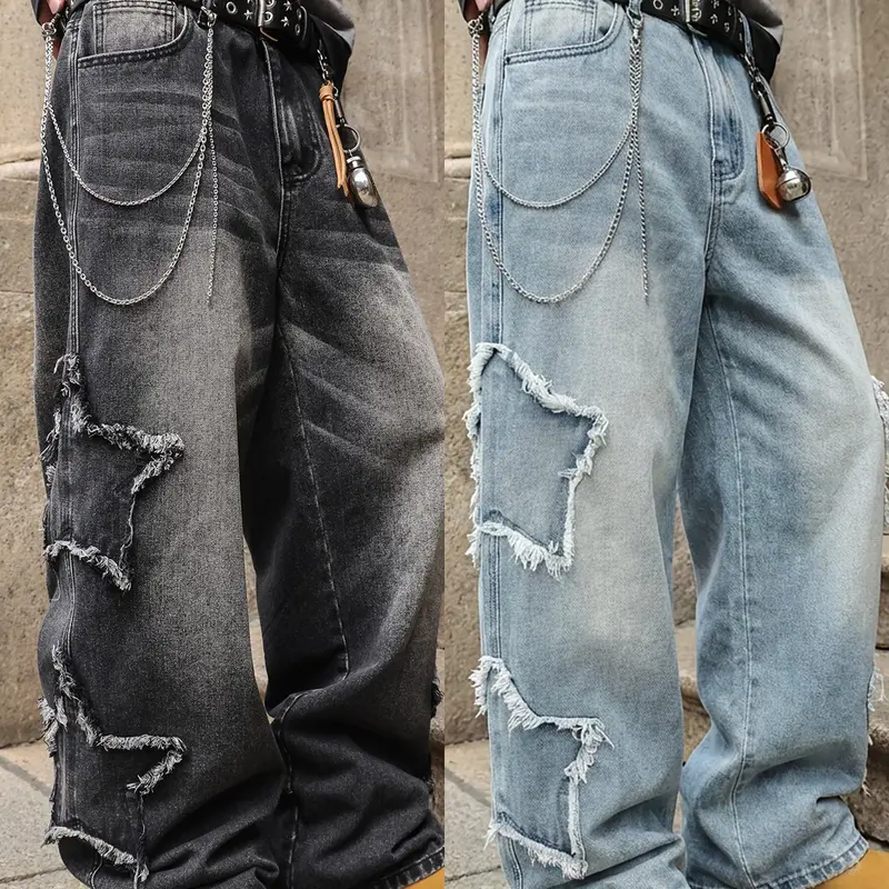 【Black Friday】Autumn & Winter Men's Loose Straight Leg Casual Jeans, American Trend Y2K Street Pants, Star Patch Denim Pants, Ideal Gifts for Husbands & Boyfriends