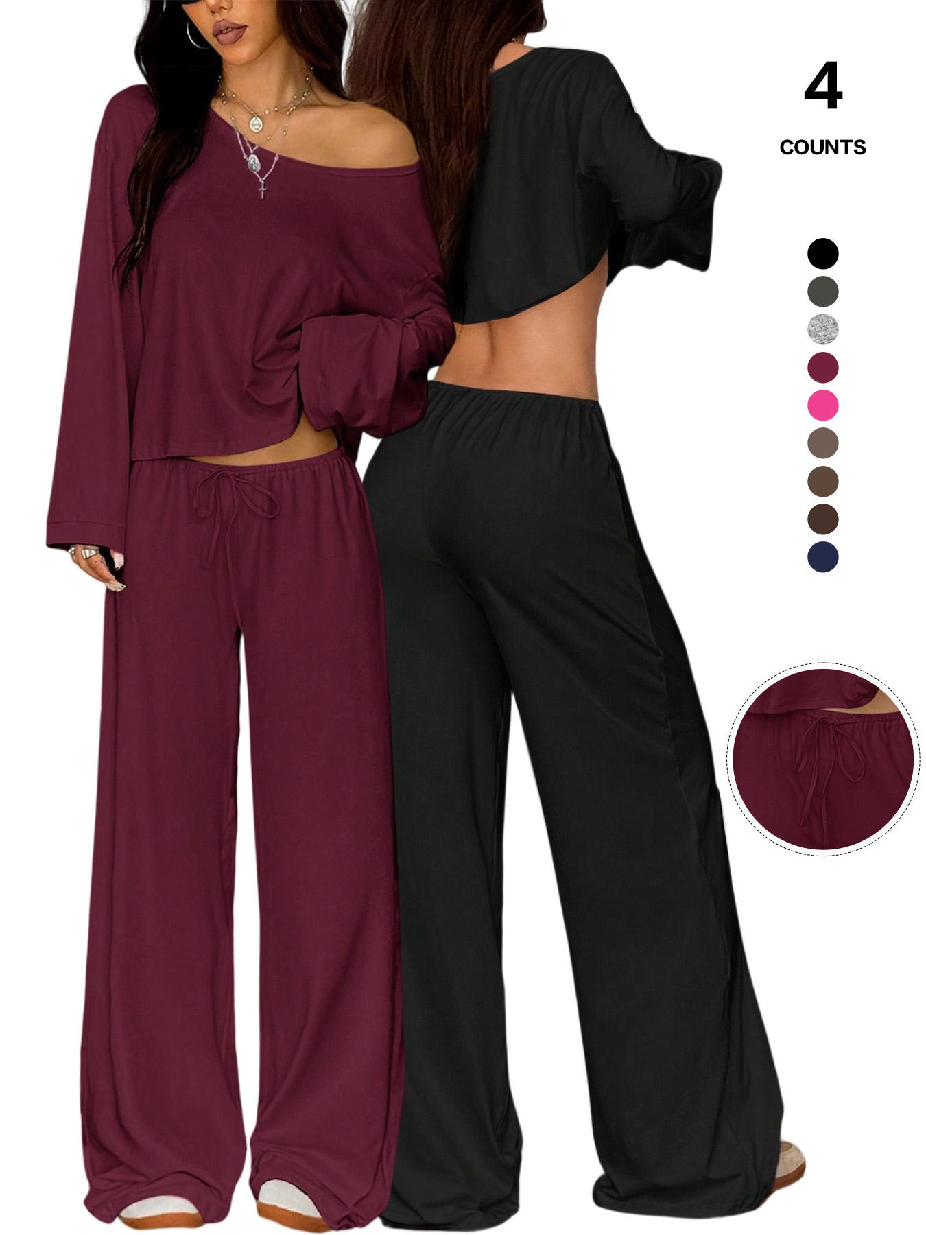 Women's 2 Piece Matching Lounge Set Off The Shoulder Long Sleeve Top and Drawstring Wide Leg Pants Casual Sweatsuit