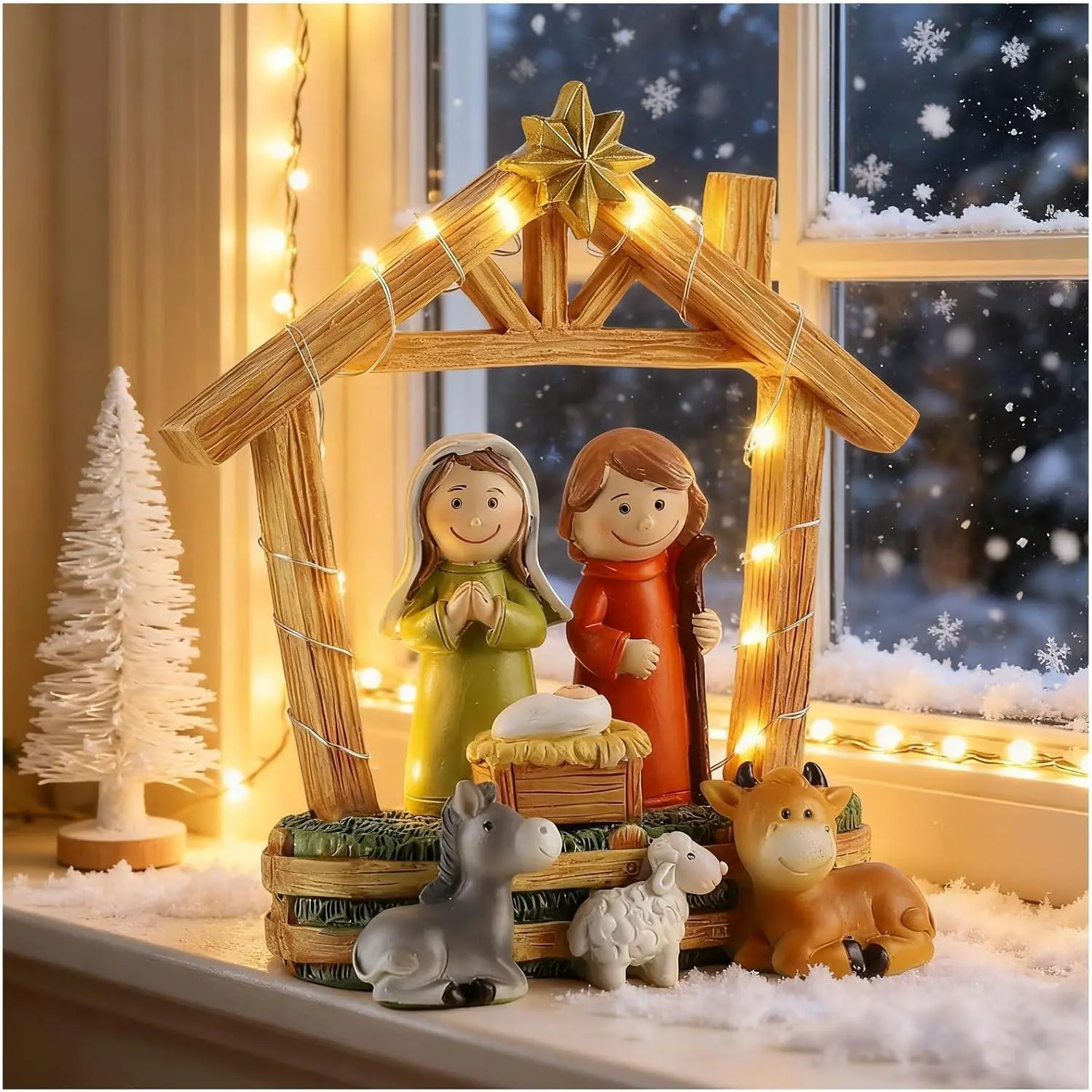 6.3" Nativity Scene with Lights - Hand Painted Nativity Sets Resin Figure, First Christmas Story Decoration Holy Family Manger Little People Nativity Set for Indoor Mantle Shelf Tabletop