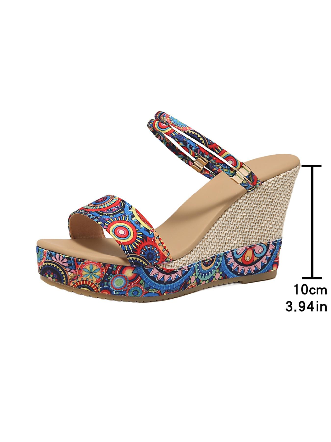 Women's Boho Ethnic Print Wedge Sandals, Dual Strap Fit, Open Toe Breathable, Heel Lift, Versatile for Vacation/party/daily Wear