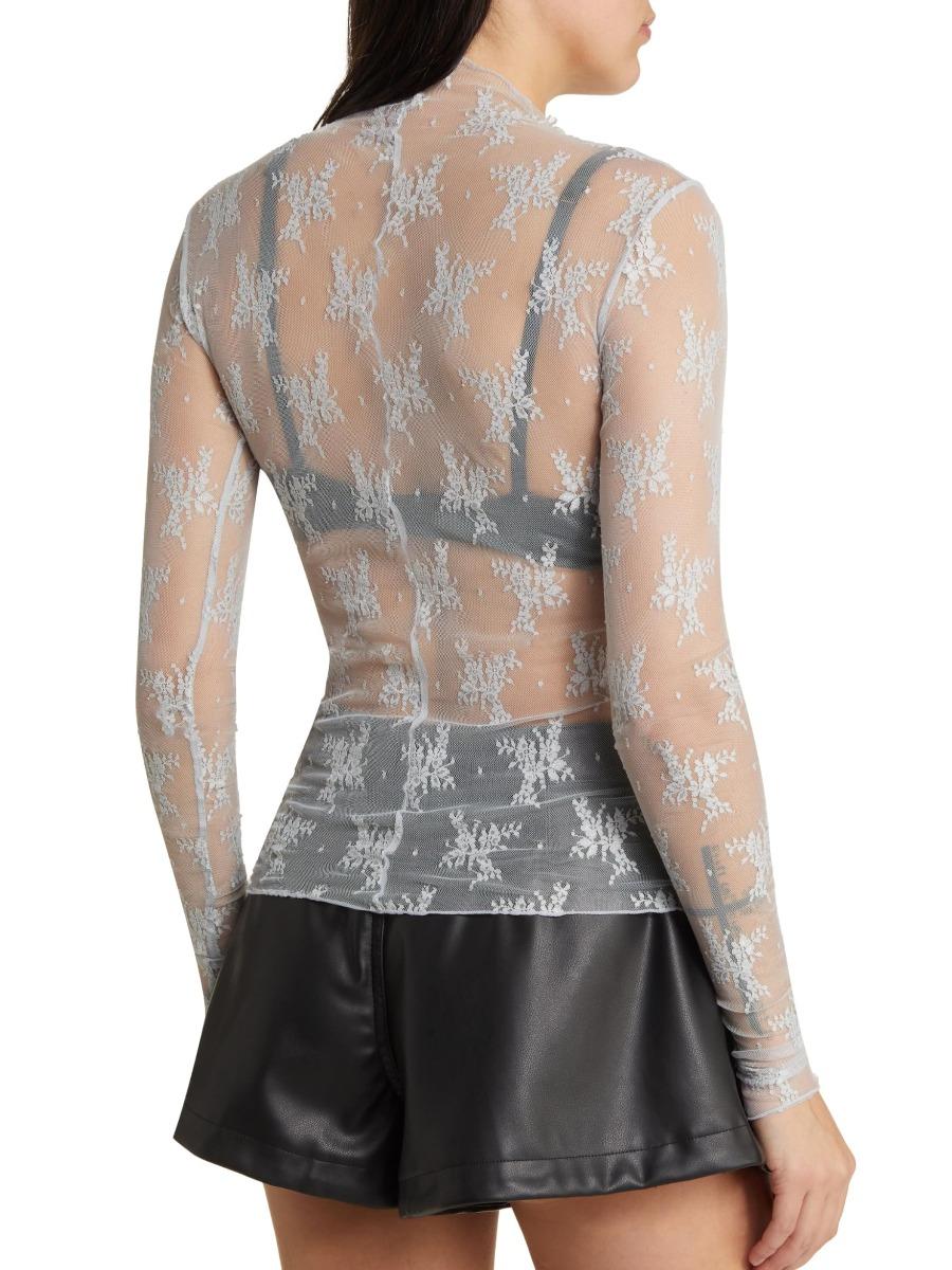 Women's Floral Layering Lace Tops With Thumb Hole, Mesh See Through Slim Shirt All Seasons, Micro Elasticity Long Sleeve Mock Neck Sxy Style