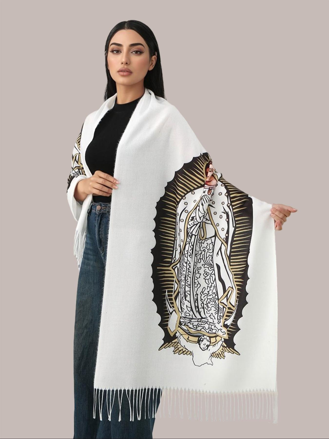 Elegant Printed Polyester Scarf with Tassel Fringe, Shawl Wrap for Women, Windproof & Warm, Perfect for Parties & Gifts, Tassel Decor Shawl