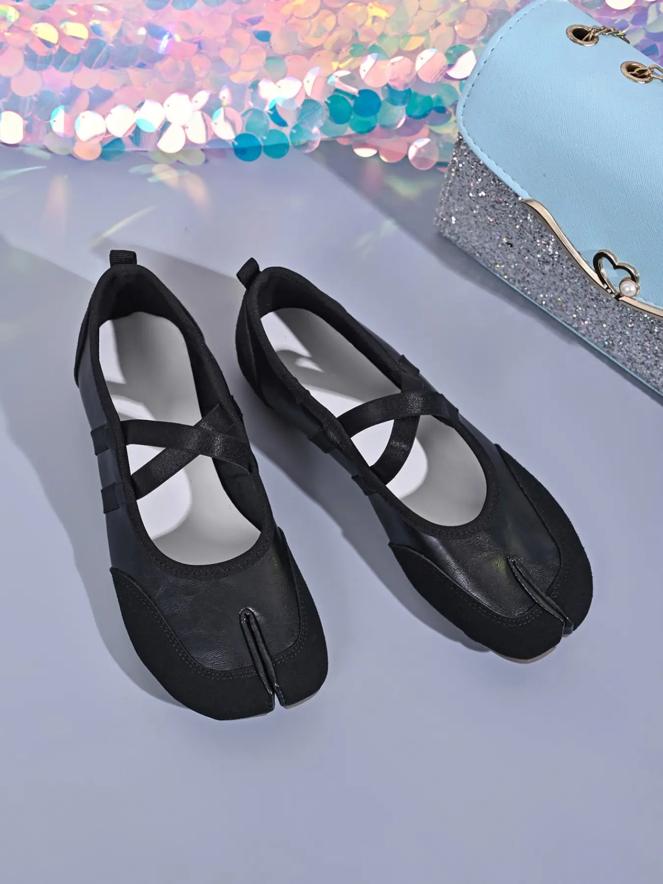 Women Crisscross Elastic Strap Split Toe Ballet Flats, Patchwork Slip On Flat Shoes, Multi Color Casual Footwear For Office Dating Shopping Streetwear
