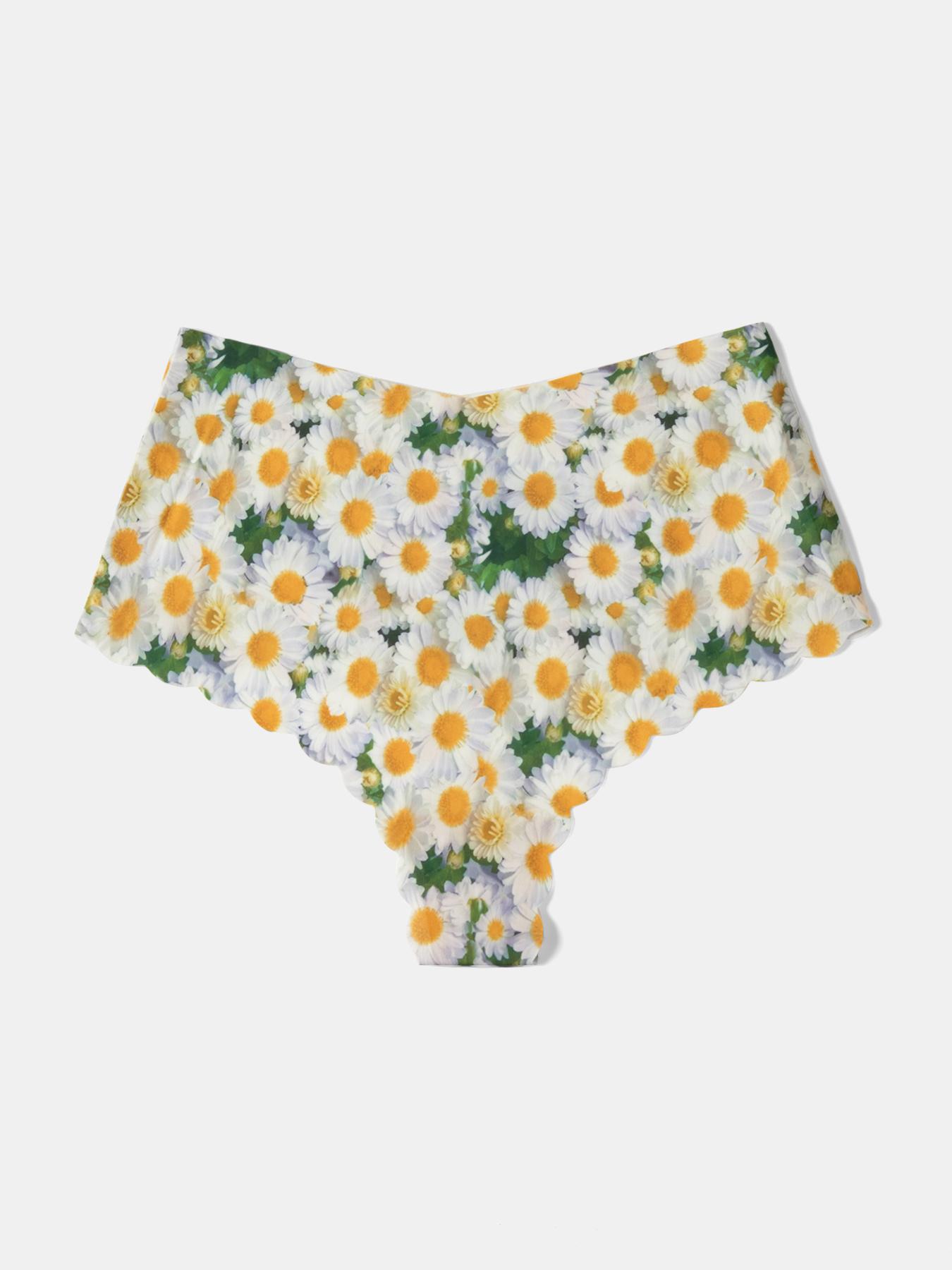 Women's High-Waisted Underwear Set, 7-Pack Seamless Ice Silk Wave-Edge Design, Casual Scallop Trim Panties for All-Season Floral Print Panty