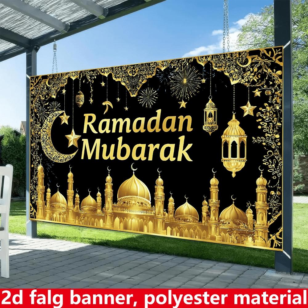 Ramadan Mubarak party banner, black and gold lantern fireworks themed background fabric, Eid al Fitr decoration supplies, polyester material, suitable for photo booths, parties, birthdays, celebrations, holiday party supplies, Party Decorations Banners
