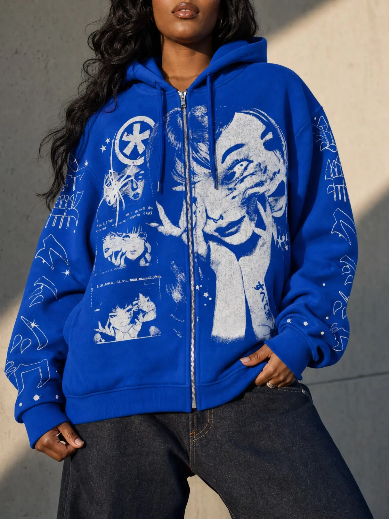 Women's Y2K Graphic Zip Up Hoodie, Oversized Blue Streetwear Sweatshirt, Casual Long Sleeve Jacket with Geometric Artistic Print