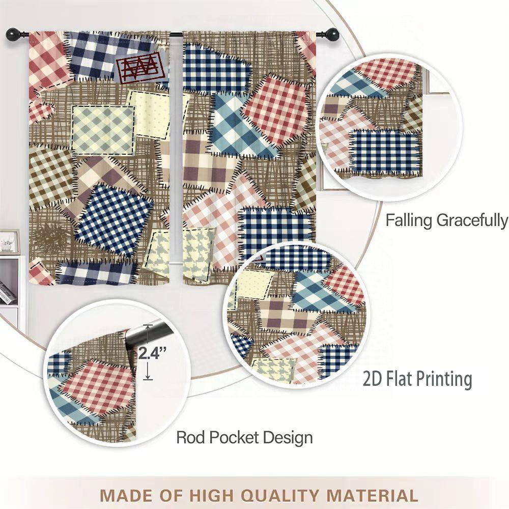 2D Flat Rustic Patchwork Checkered Curtain 2-Piece Set, Blue/Red/Brown/White Grid Patterns with Handmade Stitching, Light Yellow Subtle Gray Design Decor, Traditional Quilting Style Window Drapes for Living Room Bedroom