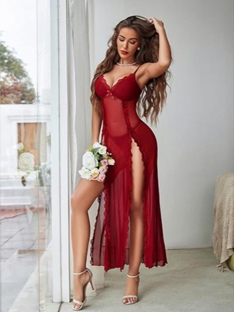 Women's Lace Sleepwear Mesh Backless Dress V Neck & Side Slit Design Tight Casual Wear Comfortable All Seasons