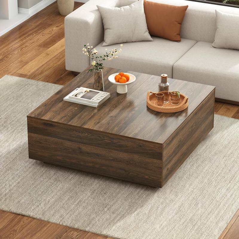 Square Coffee Table with Storage, Modern Large Square Center Table with 2 Drawers, Wood Coffee Table for Living Room, Walnut/Light Brown