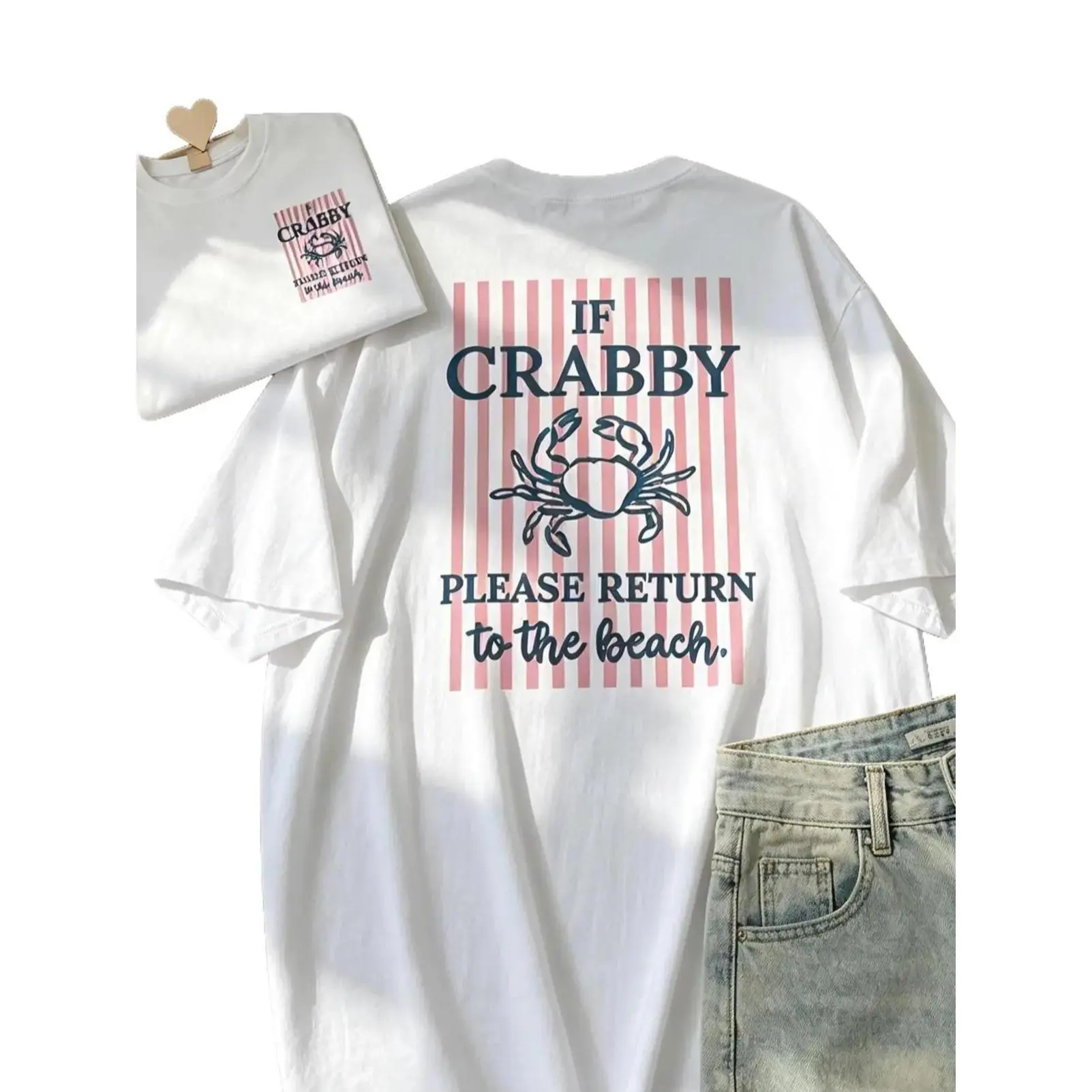 Women's Crab Striped Graphic T-Shirt - Double-Sided Digital Print, IF CRABBY Print, Round Neck, Short Sleeve, Foldable, All Seasons Women's Clothing, Crabby Printed, Custom Made, Trendy Shirts, Fashion, Clothes, Hangable, Lightweight, Machine Washable, Se