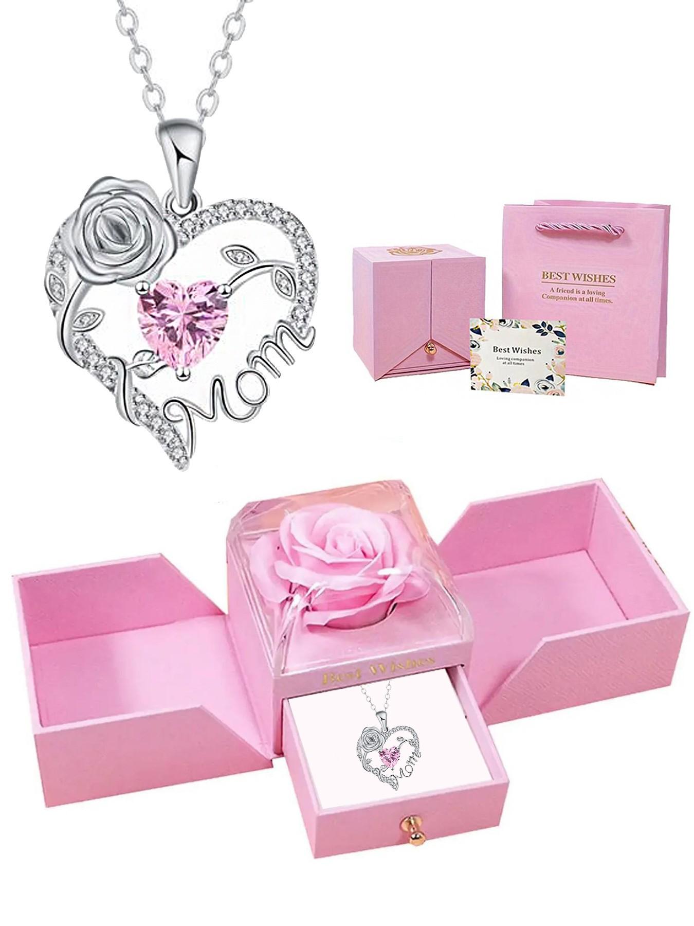 This rose jewelry gift box contains a heart-shaped rose mother's pendant necklace, a perfect gift for her/mother, aunt, grandmother, or wife on birthdays, Mother's Day, Valentine's Day, Women's Day, and Christmas.